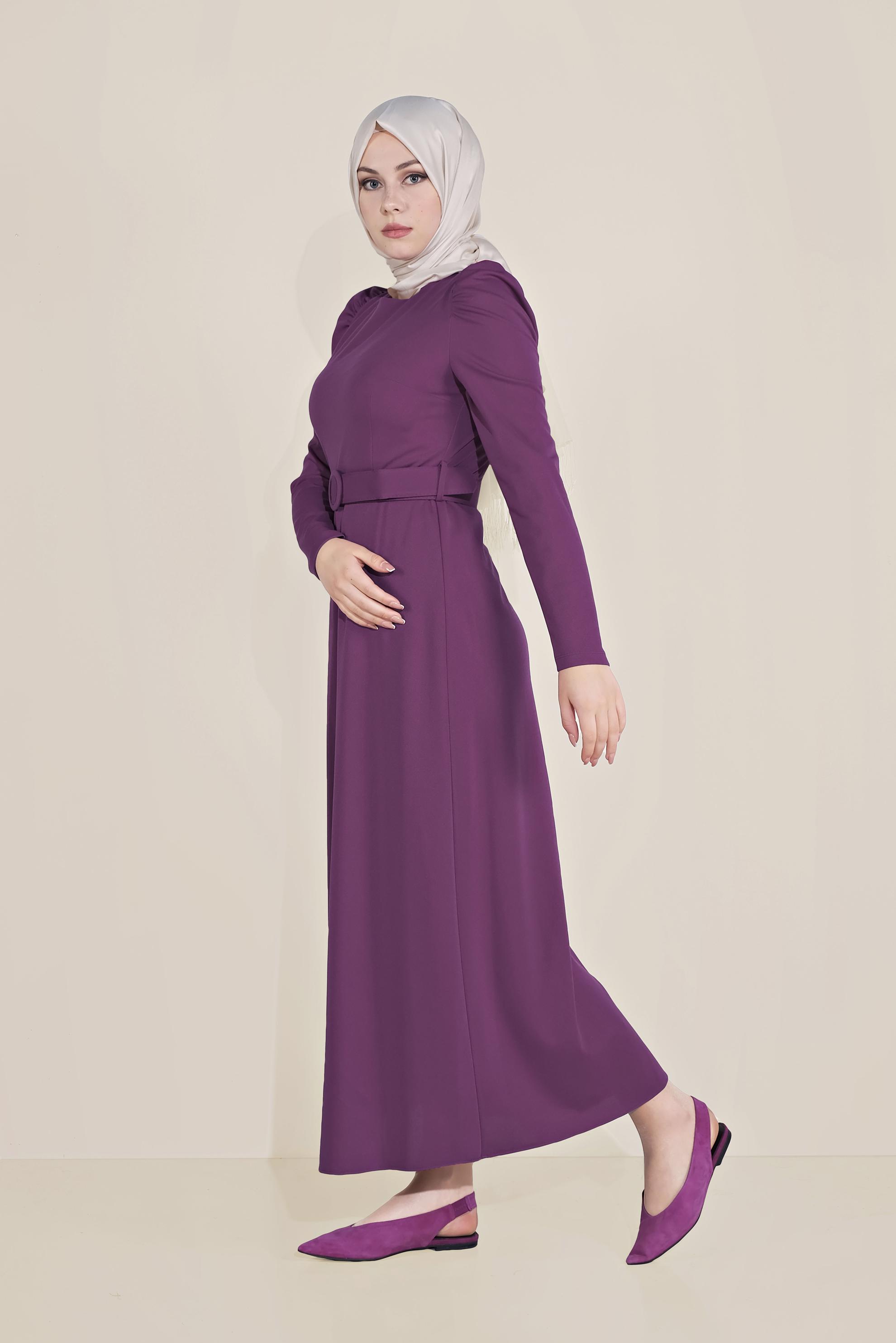 Tesettür giyim MOR KARPUZ KOL KEMERLİ ELBİSE 40760