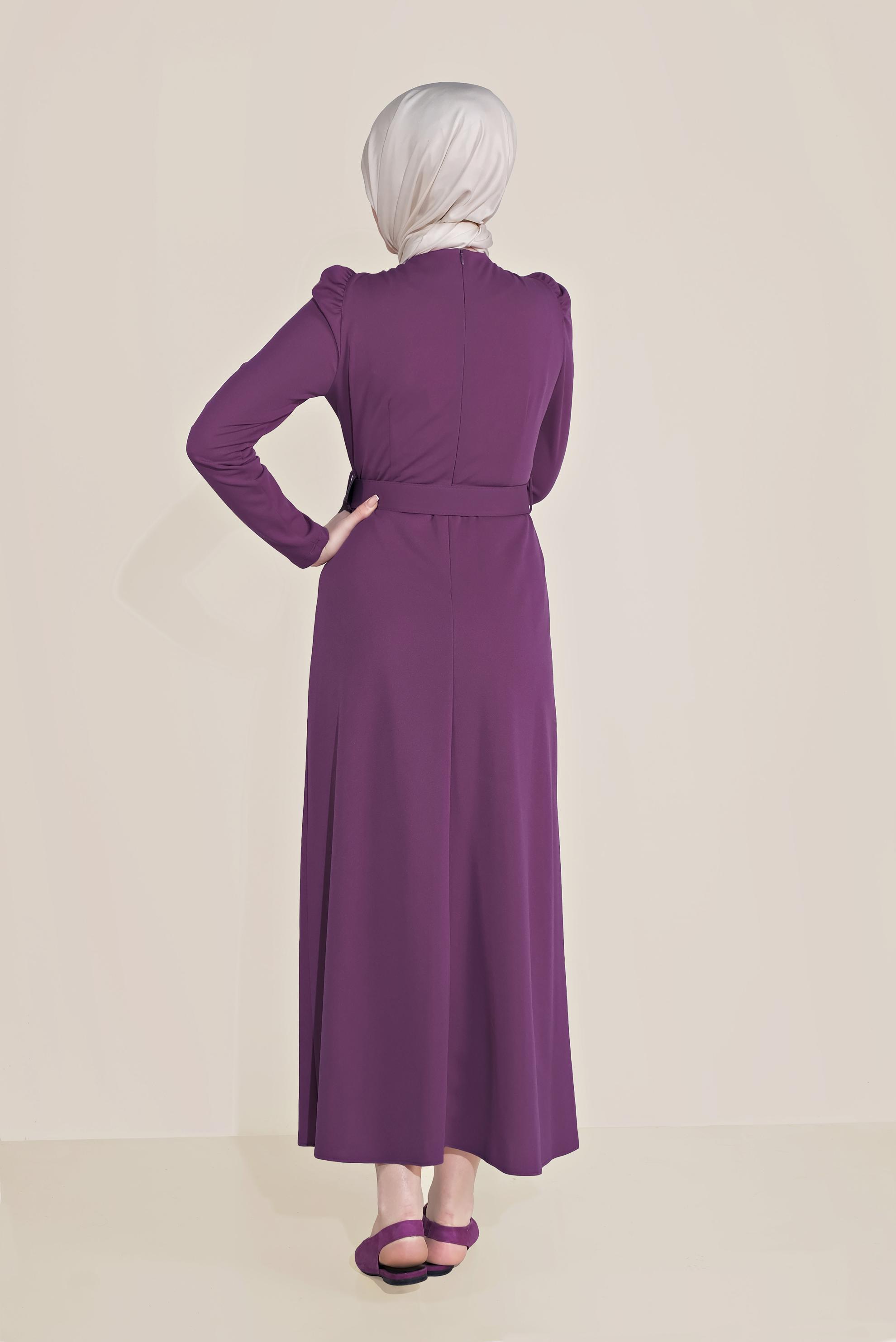 Tesettür giyim MOR KARPUZ KOL KEMERLİ ELBİSE 40760