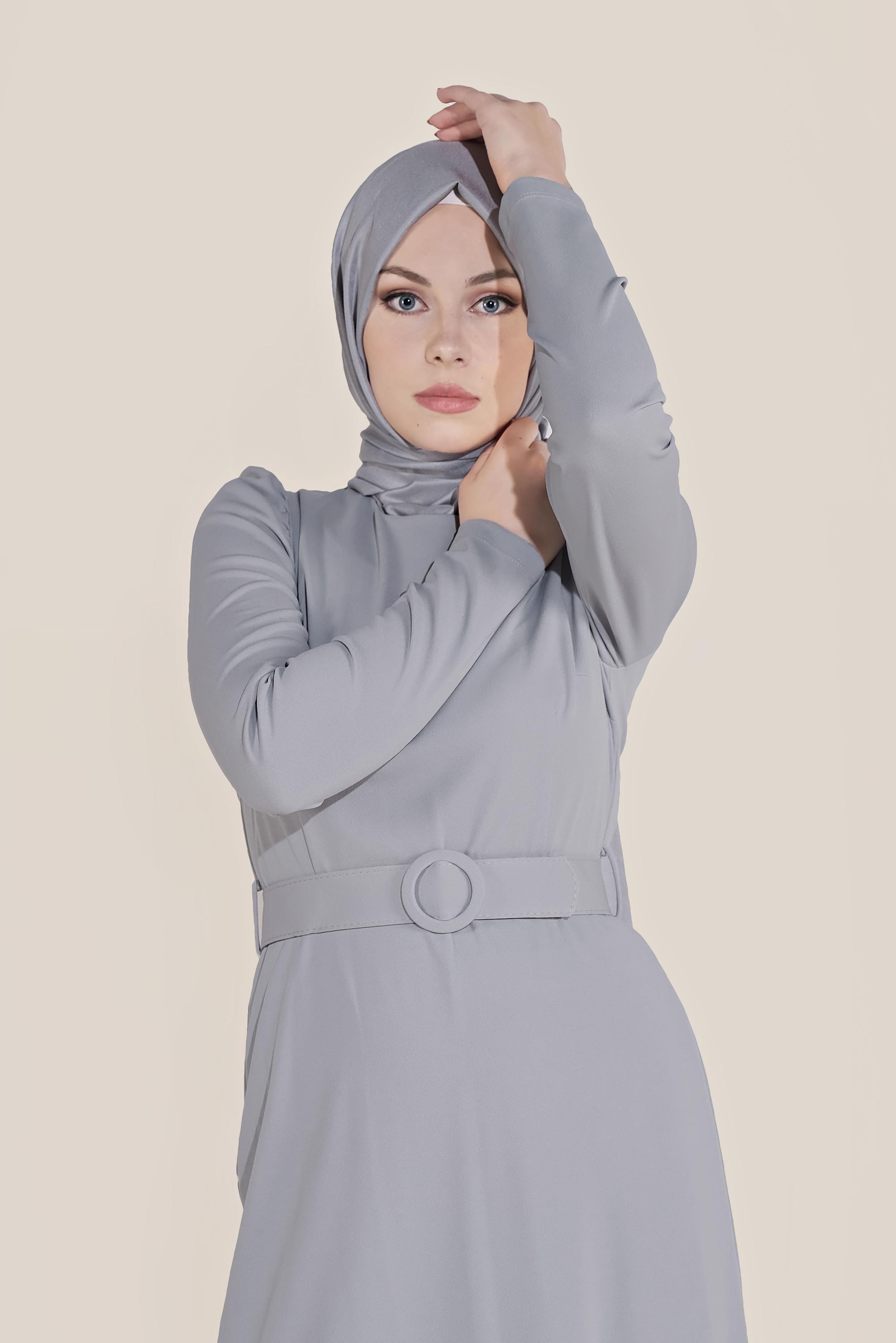 Tesettür giyim GRİ KARPUZ KOL KEMERLİ ELBİSE 40760