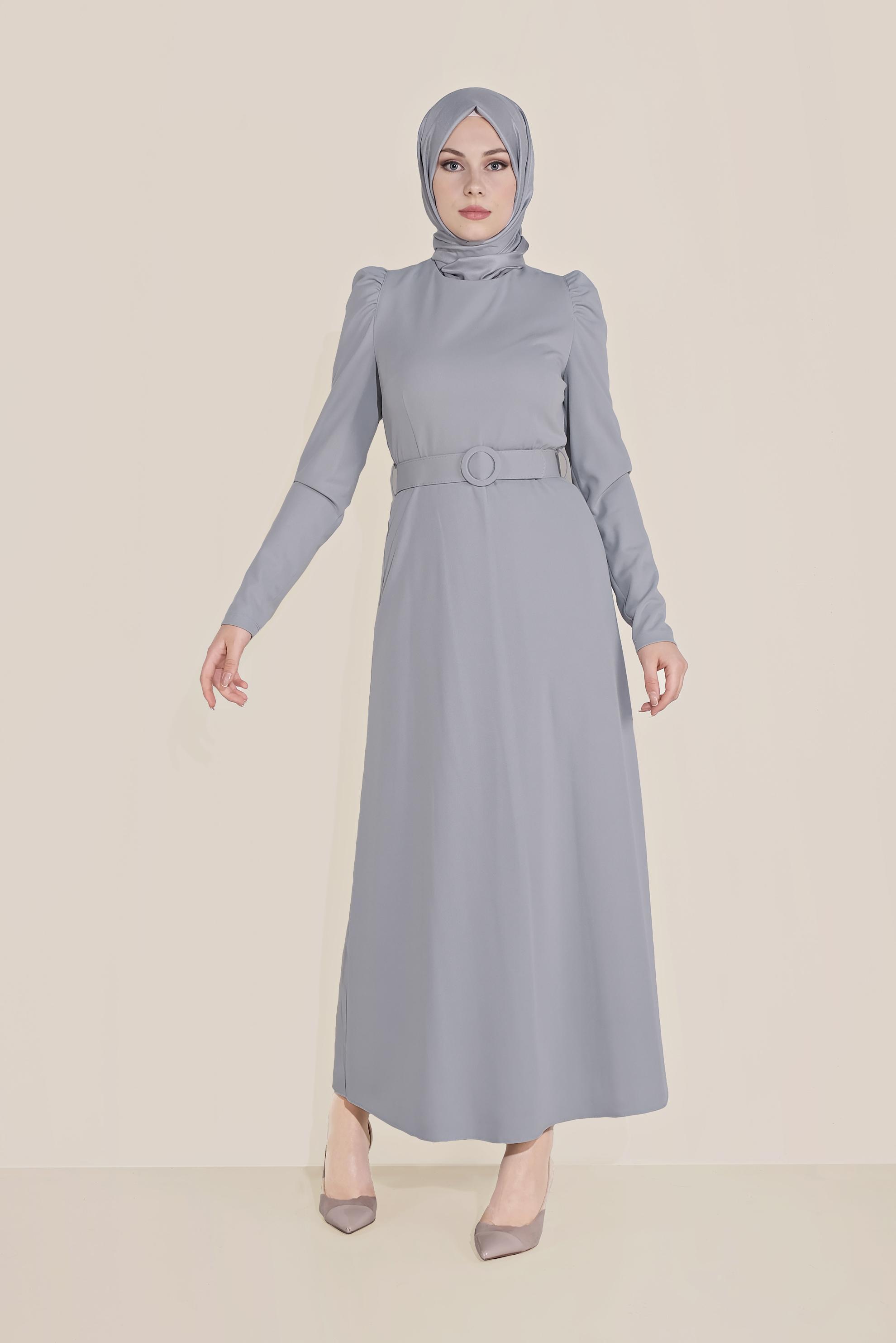 Tesettür giyim GRİ KARPUZ KOL KEMERLİ ELBİSE 40760
