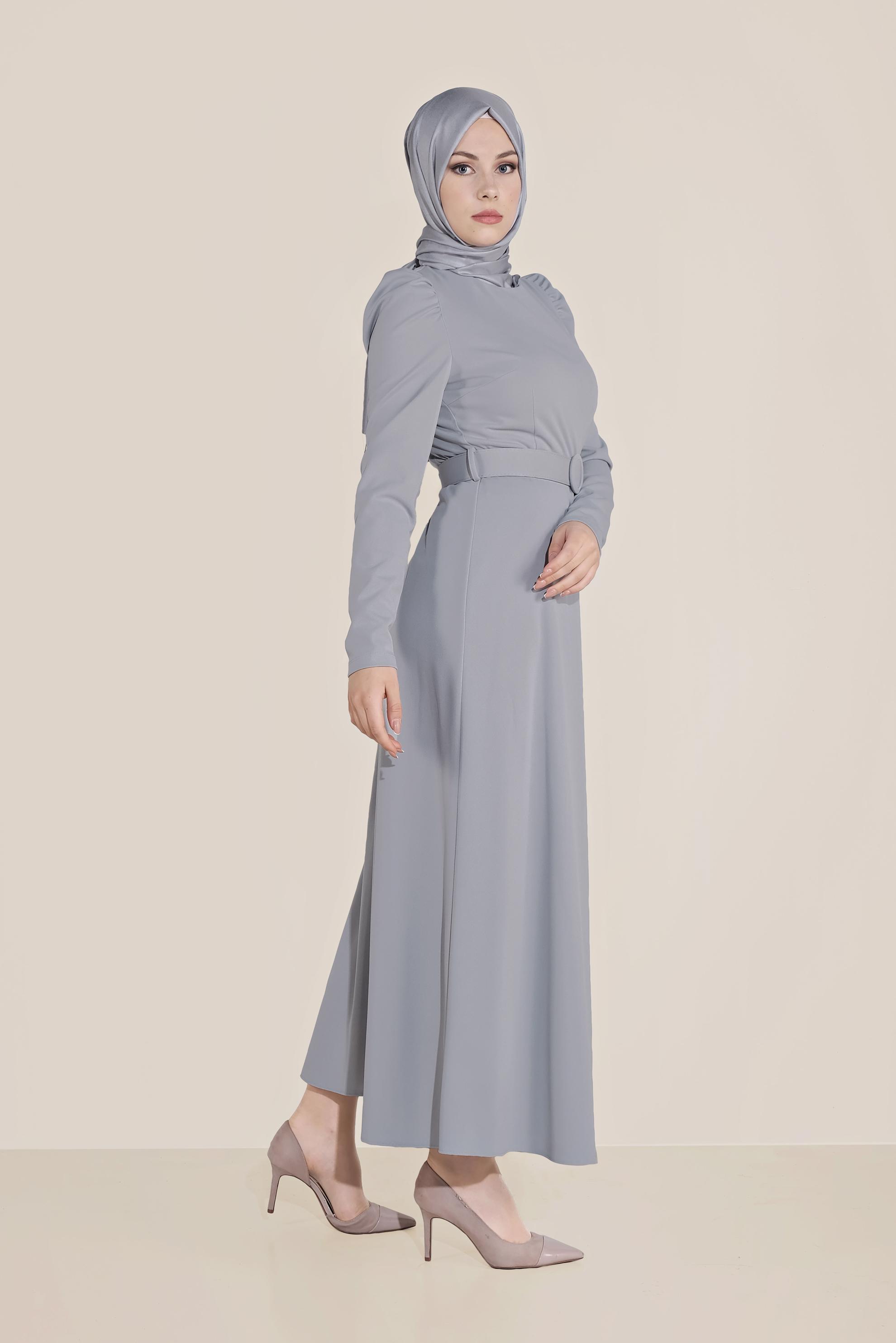 Tesettür giyim GRİ KARPUZ KOL KEMERLİ ELBİSE 40760