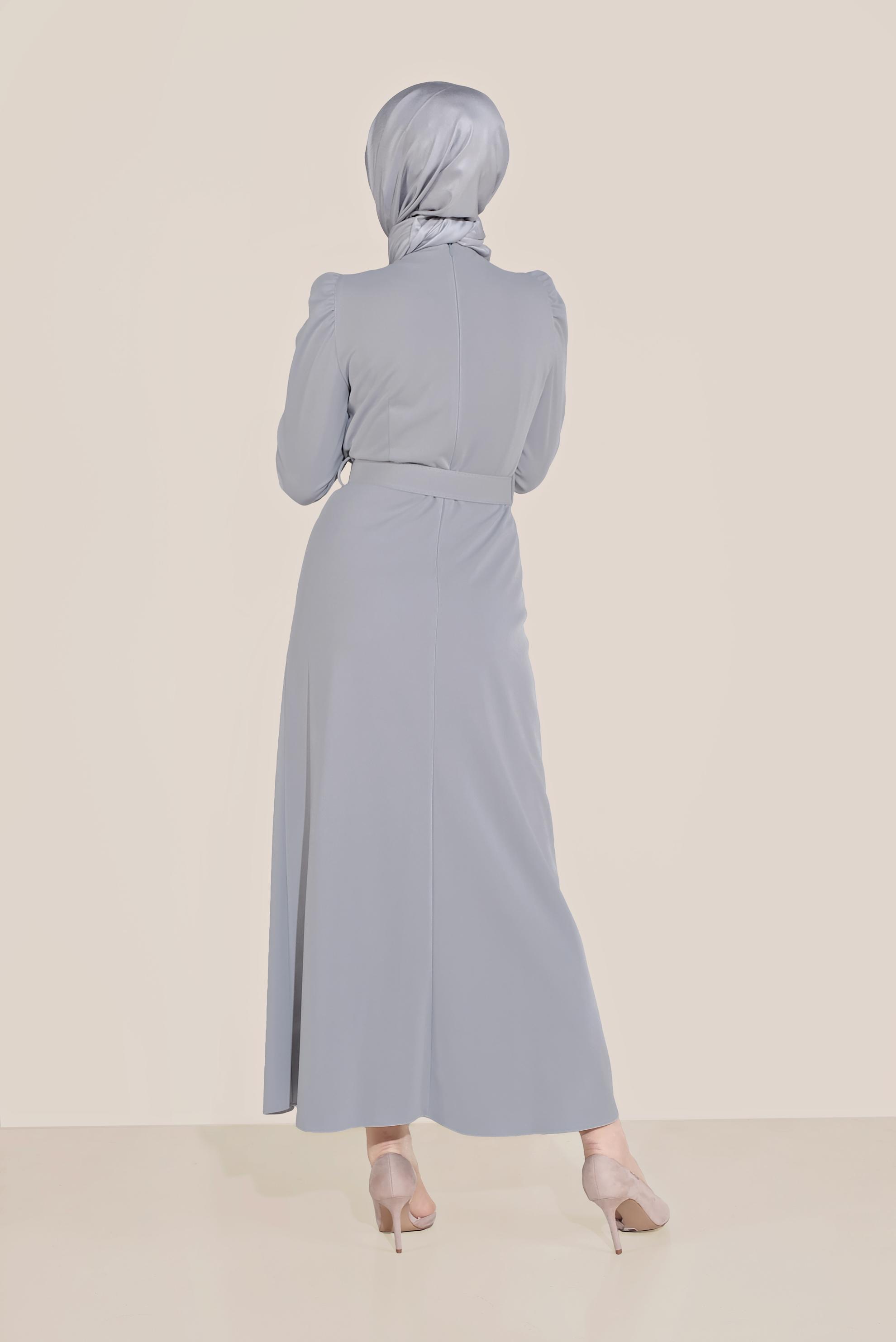 Tesettür giyim GRİ KARPUZ KOL KEMERLİ ELBİSE 40760