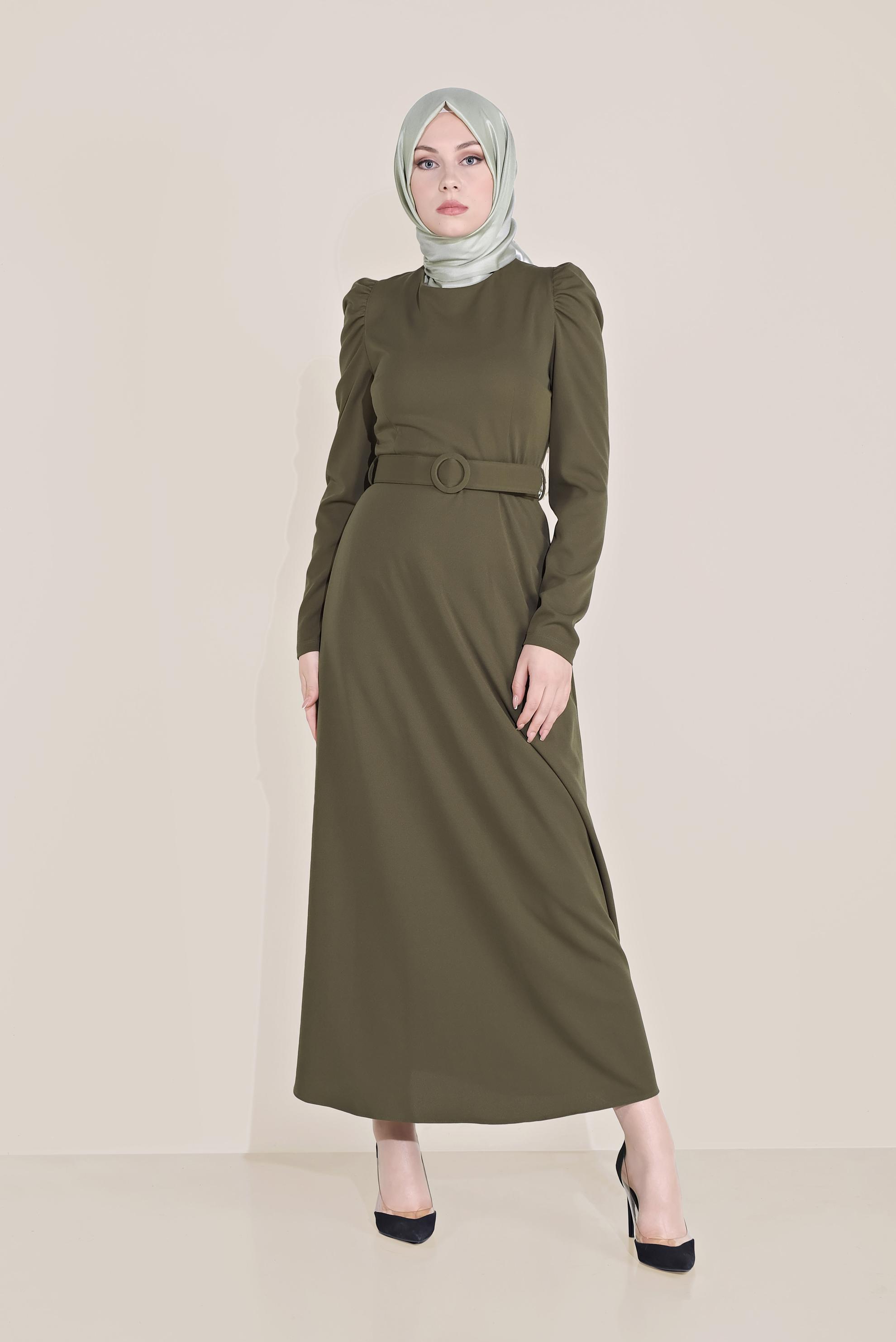 Tesettür giyim HAKİ KARPUZ KOL KEMERLİ ELBİSE 40760