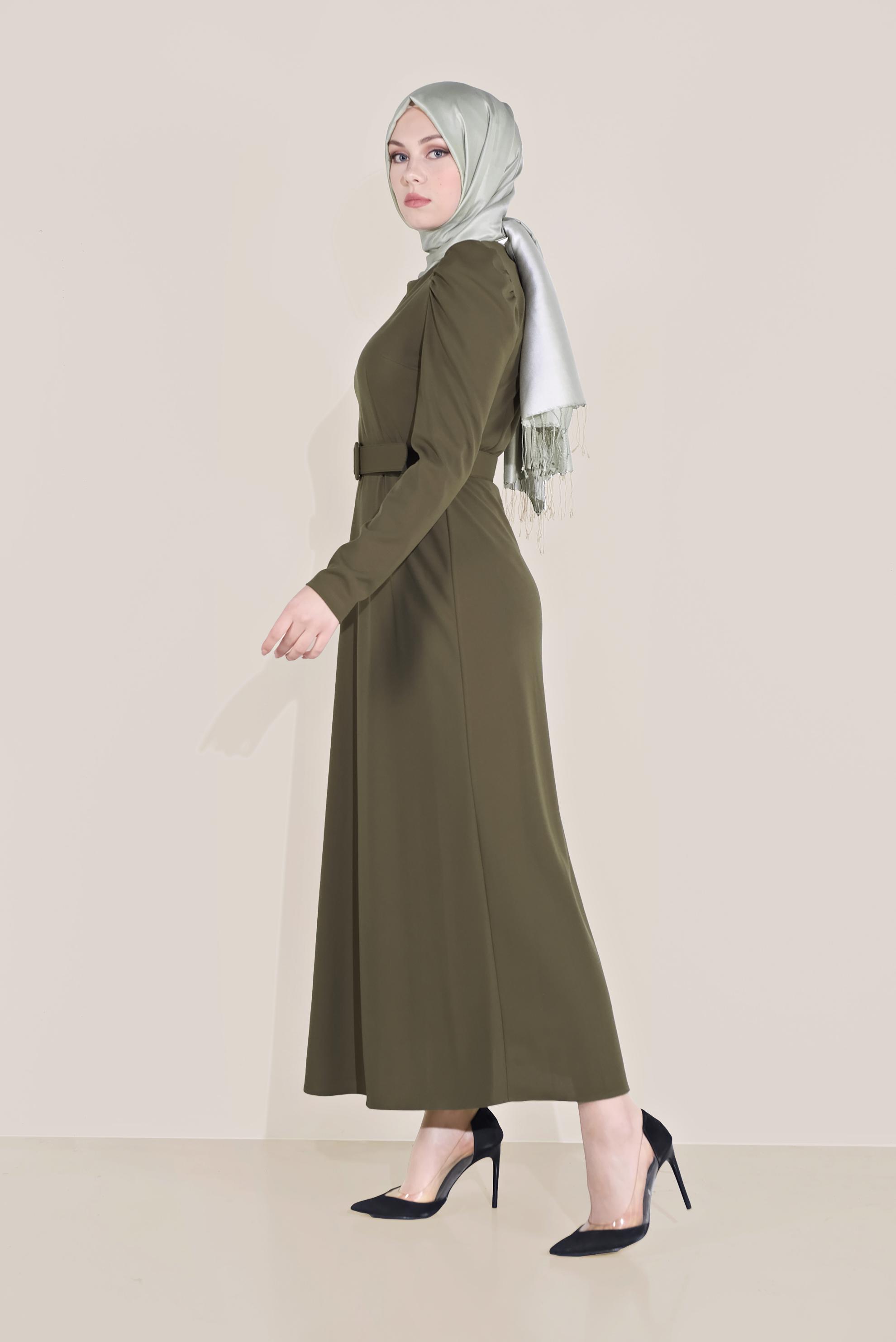 Tesettür giyim HAKİ KARPUZ KOL KEMERLİ ELBİSE 40760