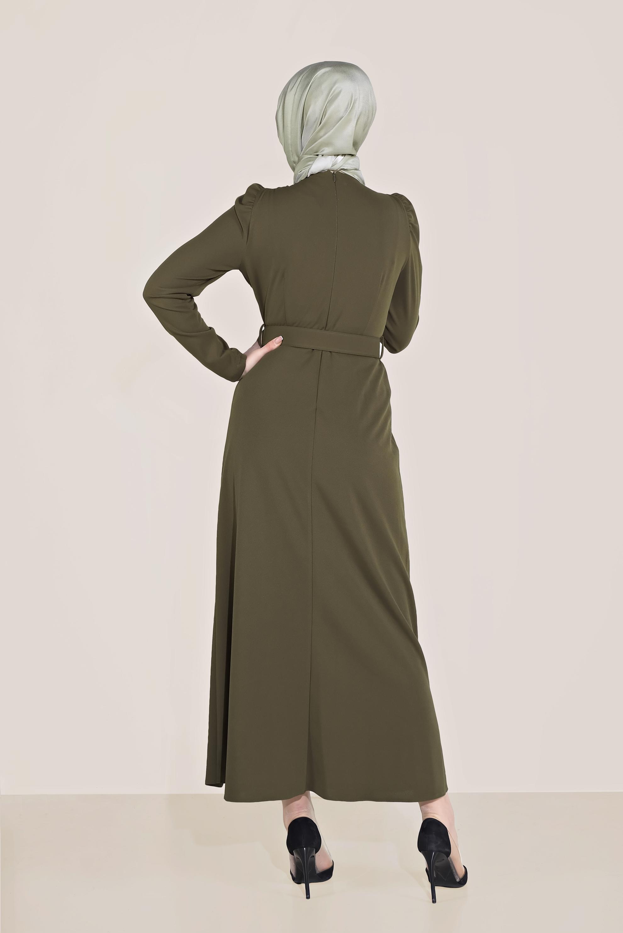 Tesettür giyim HAKİ KARPUZ KOL KEMERLİ ELBİSE 40760