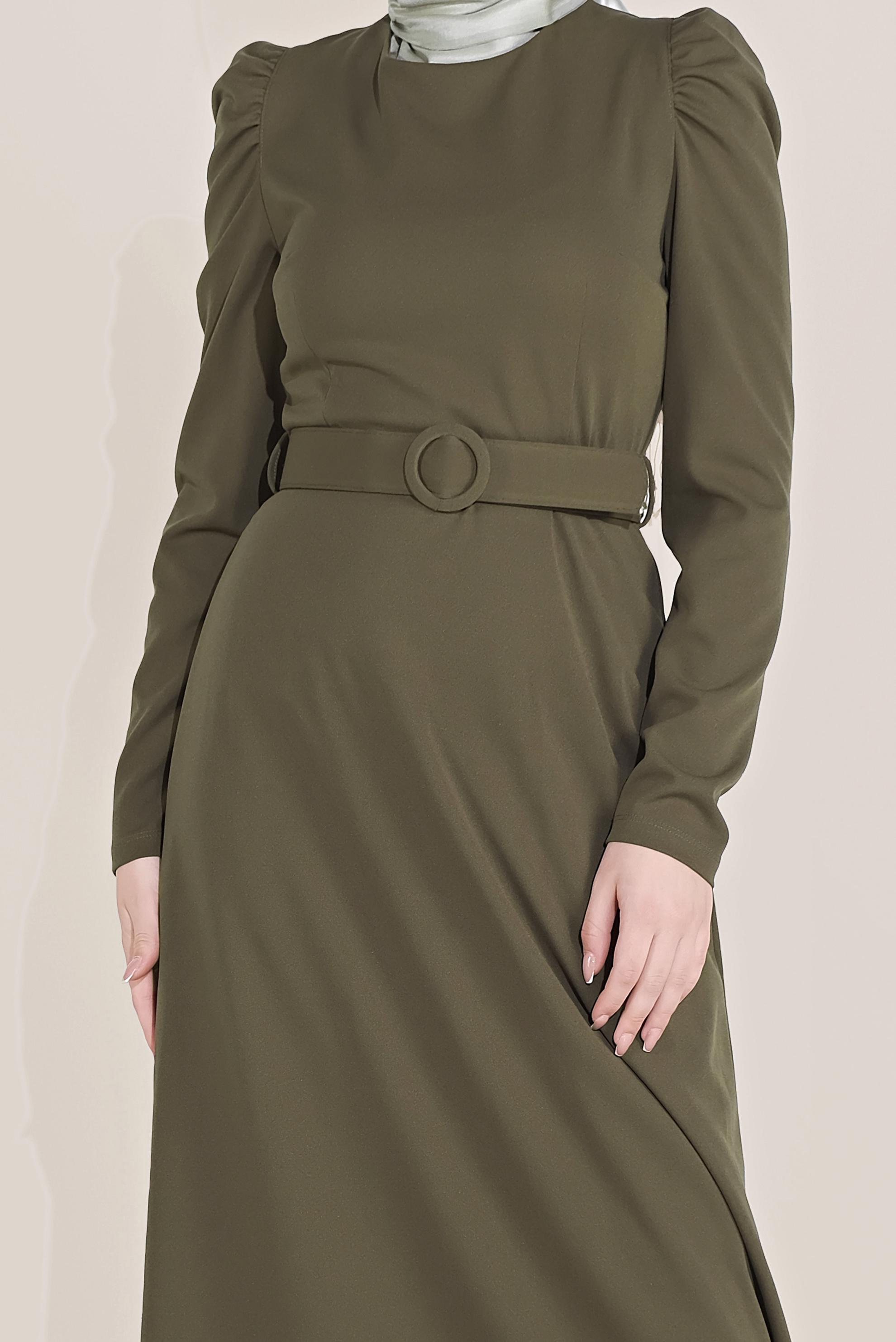 Tesettür giyim HAKİ KARPUZ KOL KEMERLİ ELBİSE 40760