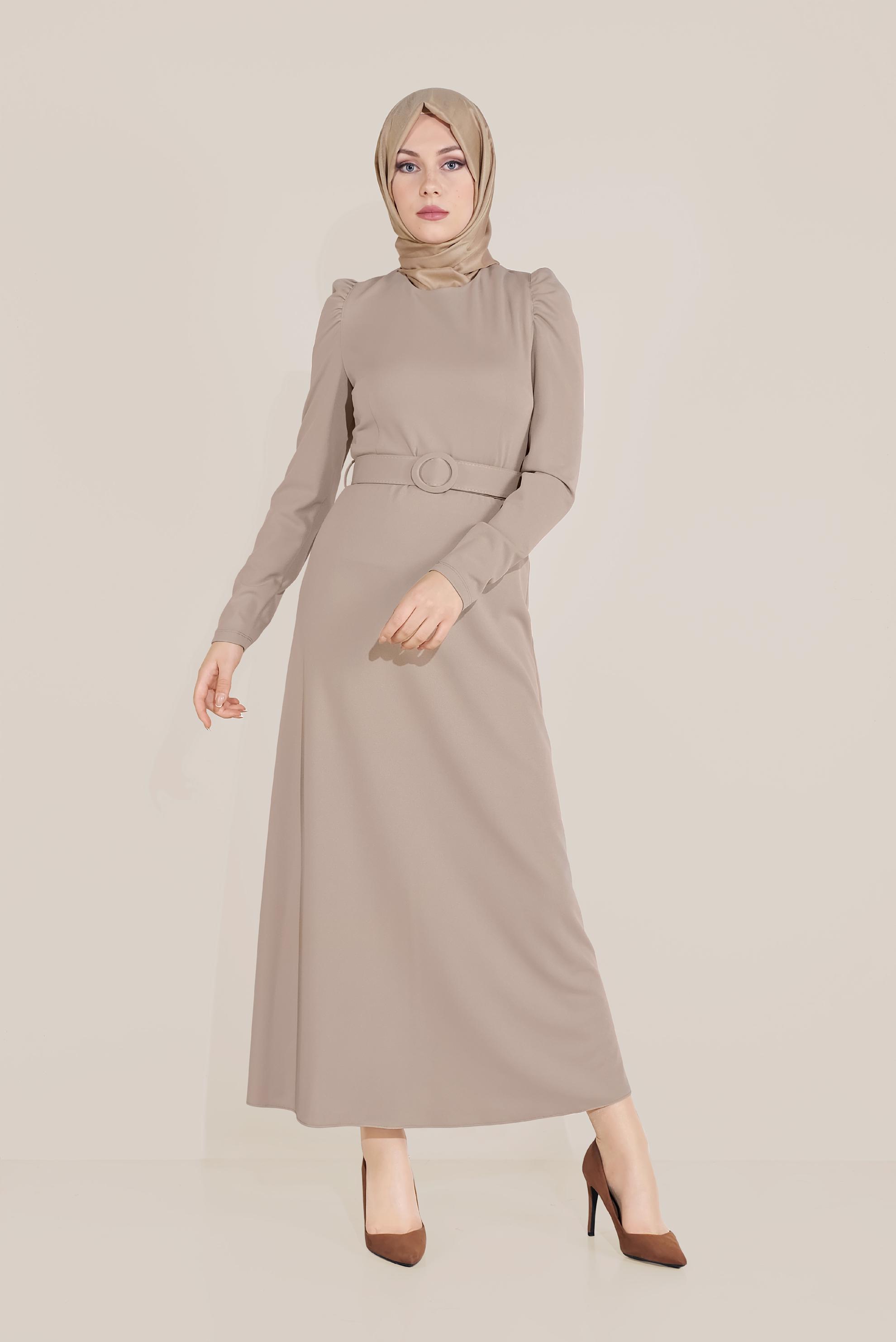 Tesettür giyim VİZON KARPUZ KOL KEMERLİ ELBİSE 40760