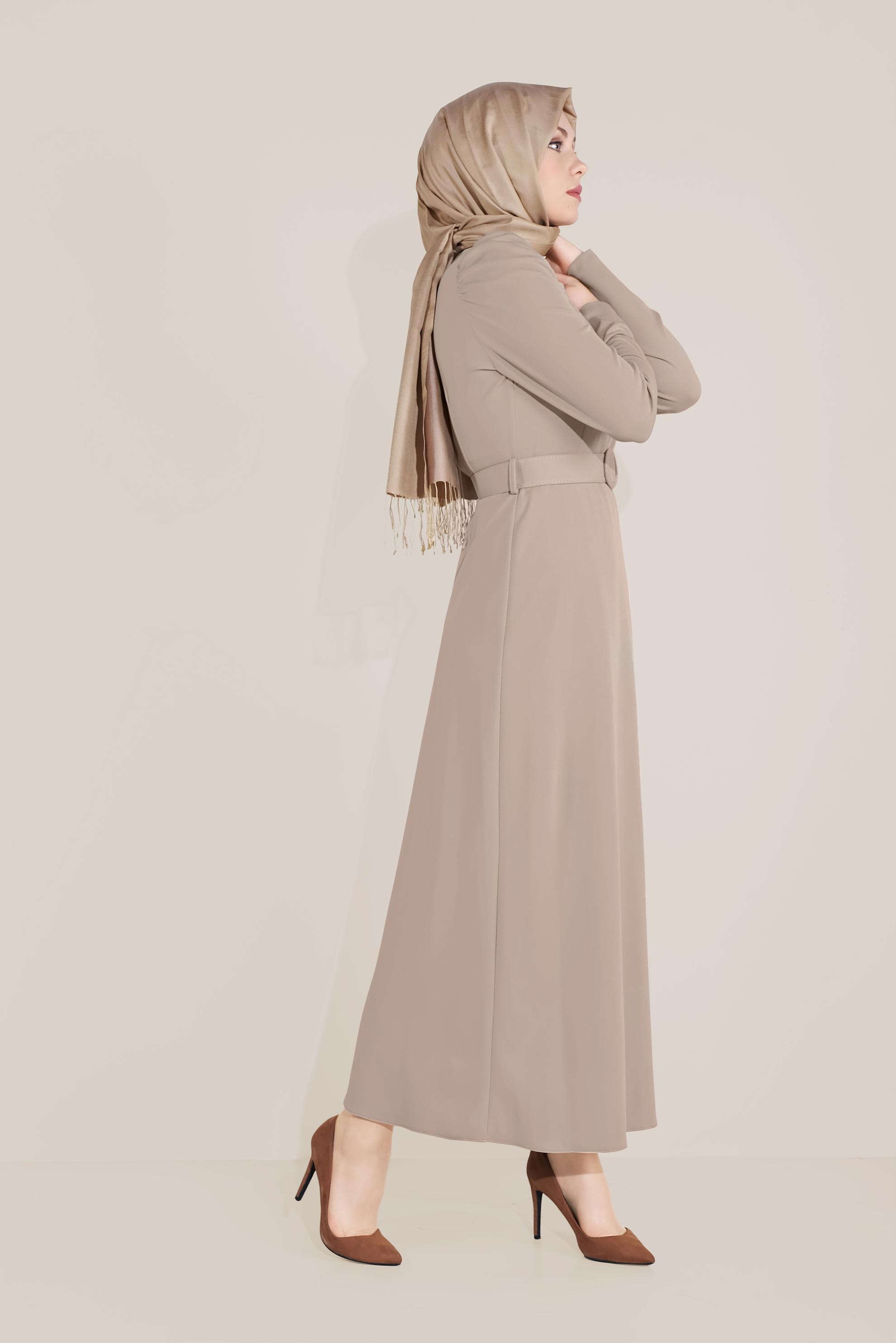 Tesettür giyim VİZON KARPUZ KOL KEMERLİ ELBİSE 40760