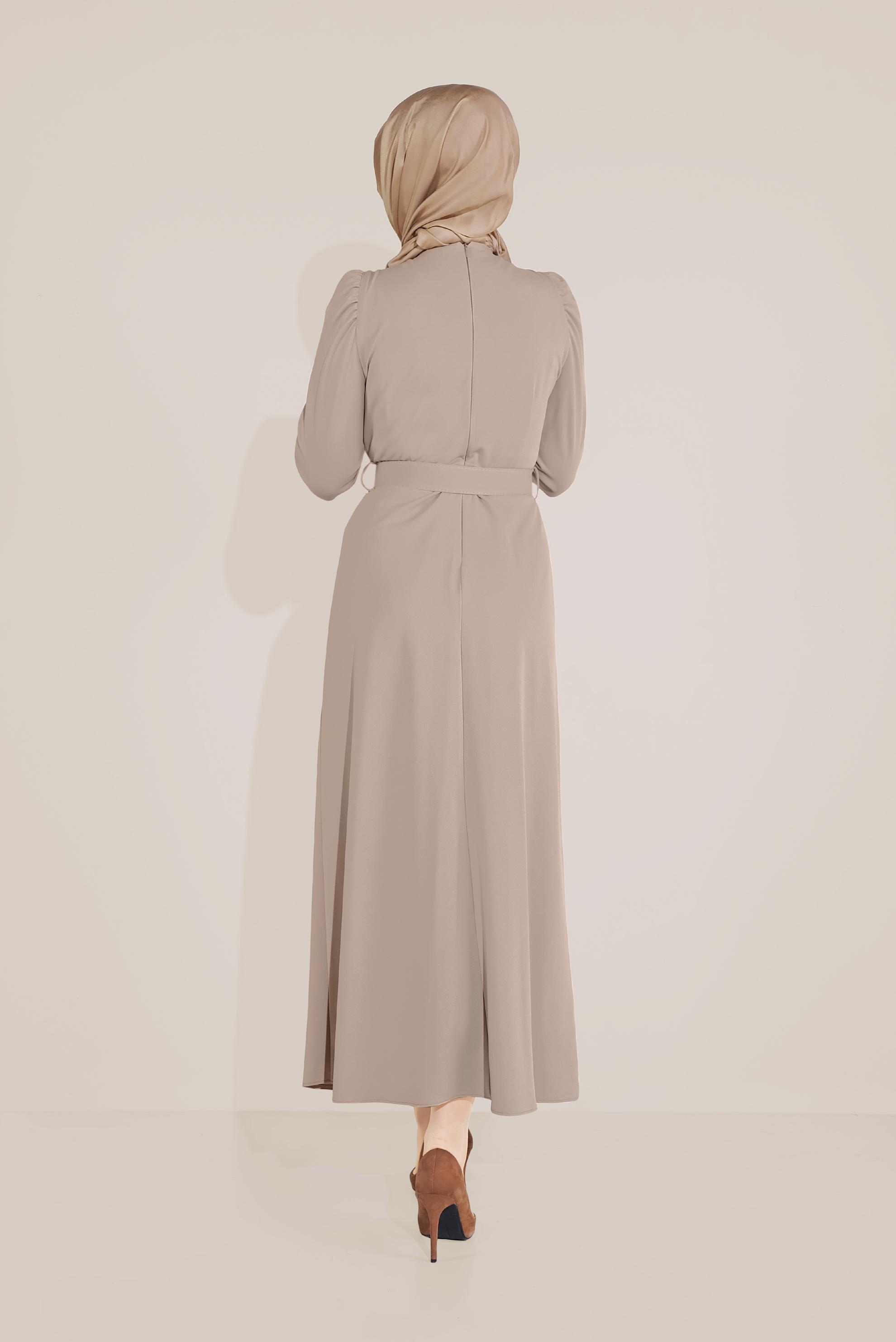 Tesettür giyim VİZON KARPUZ KOL KEMERLİ ELBİSE 40760