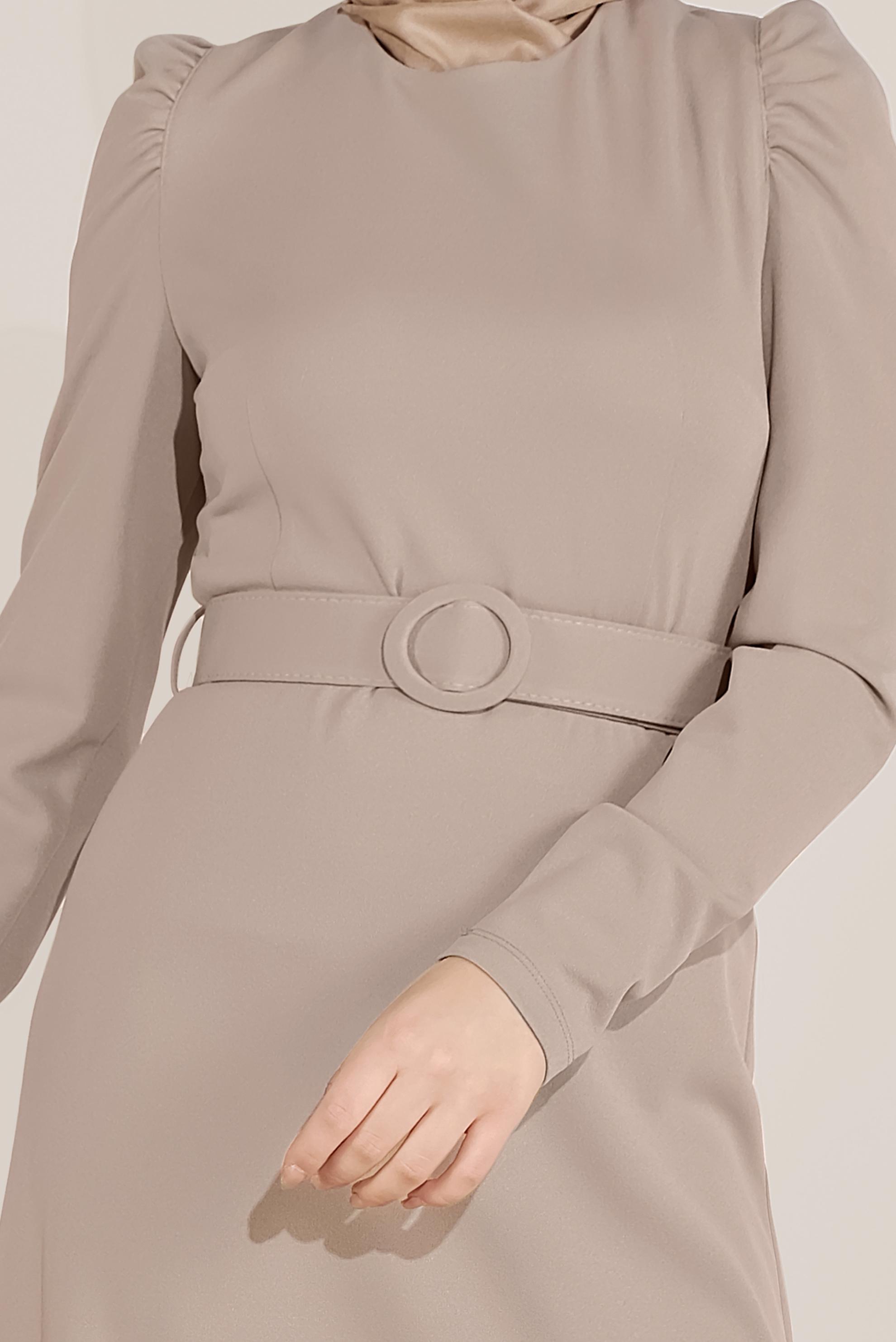 Tesettür giyim VİZON KARPUZ KOL KEMERLİ ELBİSE 40760