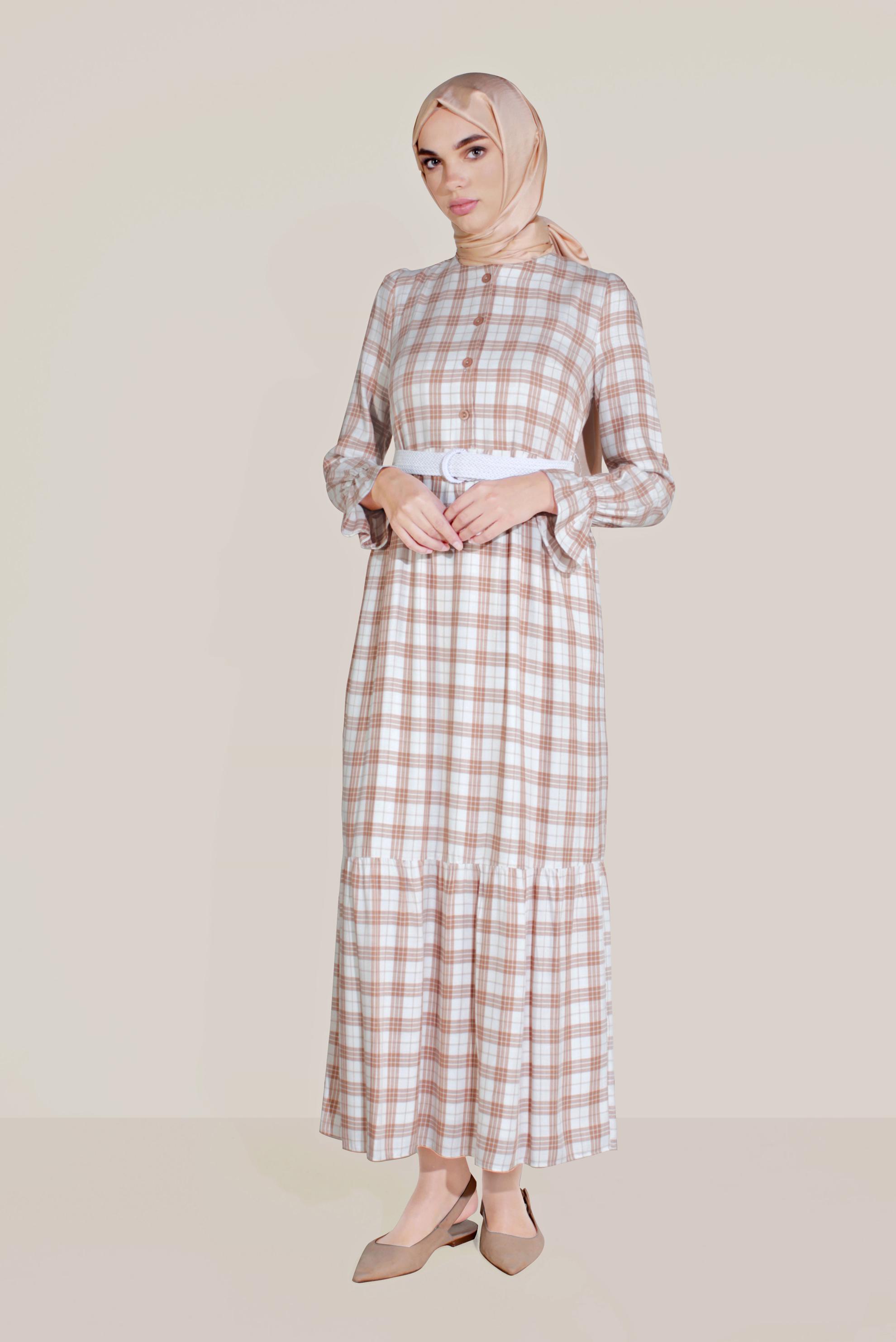 Hijab clothing ORANGE BELTED FLOUNCED-HEM PLAID PATTERN DRESS 40768 