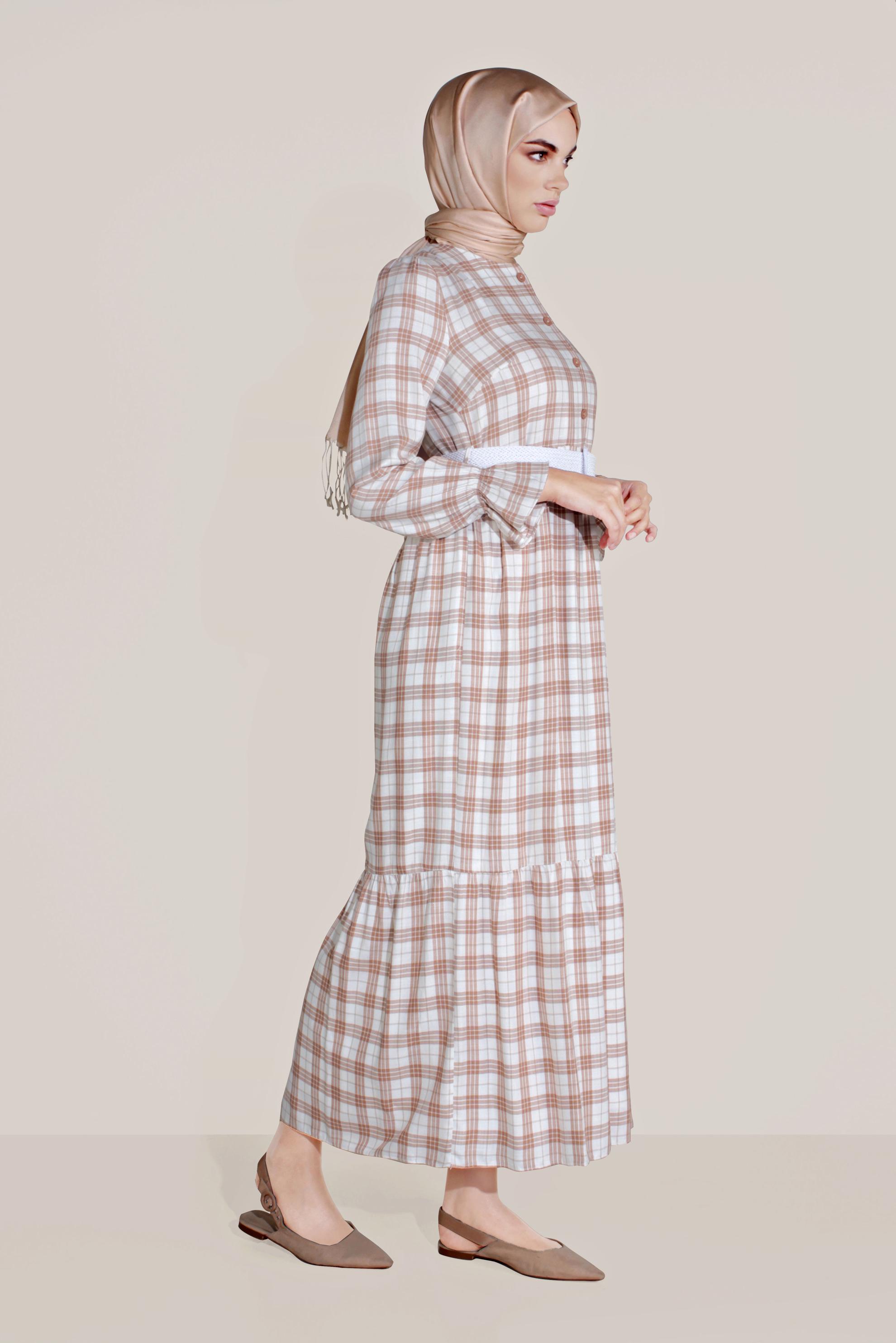 Hijab clothing ORANGE BELTED FLOUNCED-HEM PLAID PATTERN DRESS 40768 
