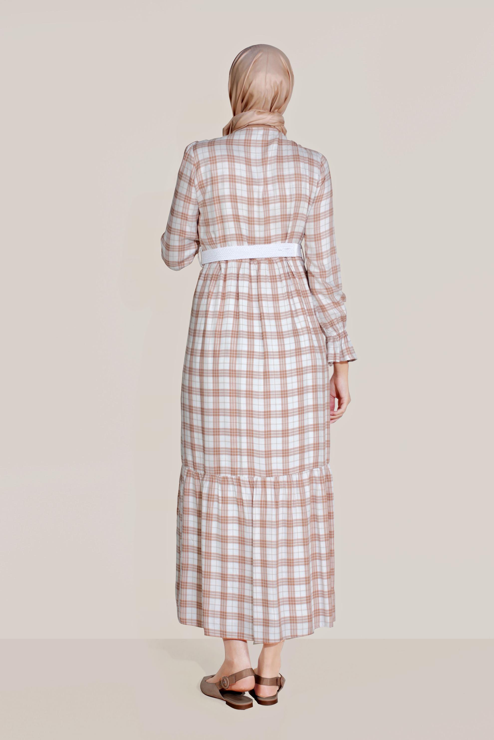 Hijab clothing ORANGE BELTED FLOUNCED-HEM PLAID PATTERN DRESS 40768 