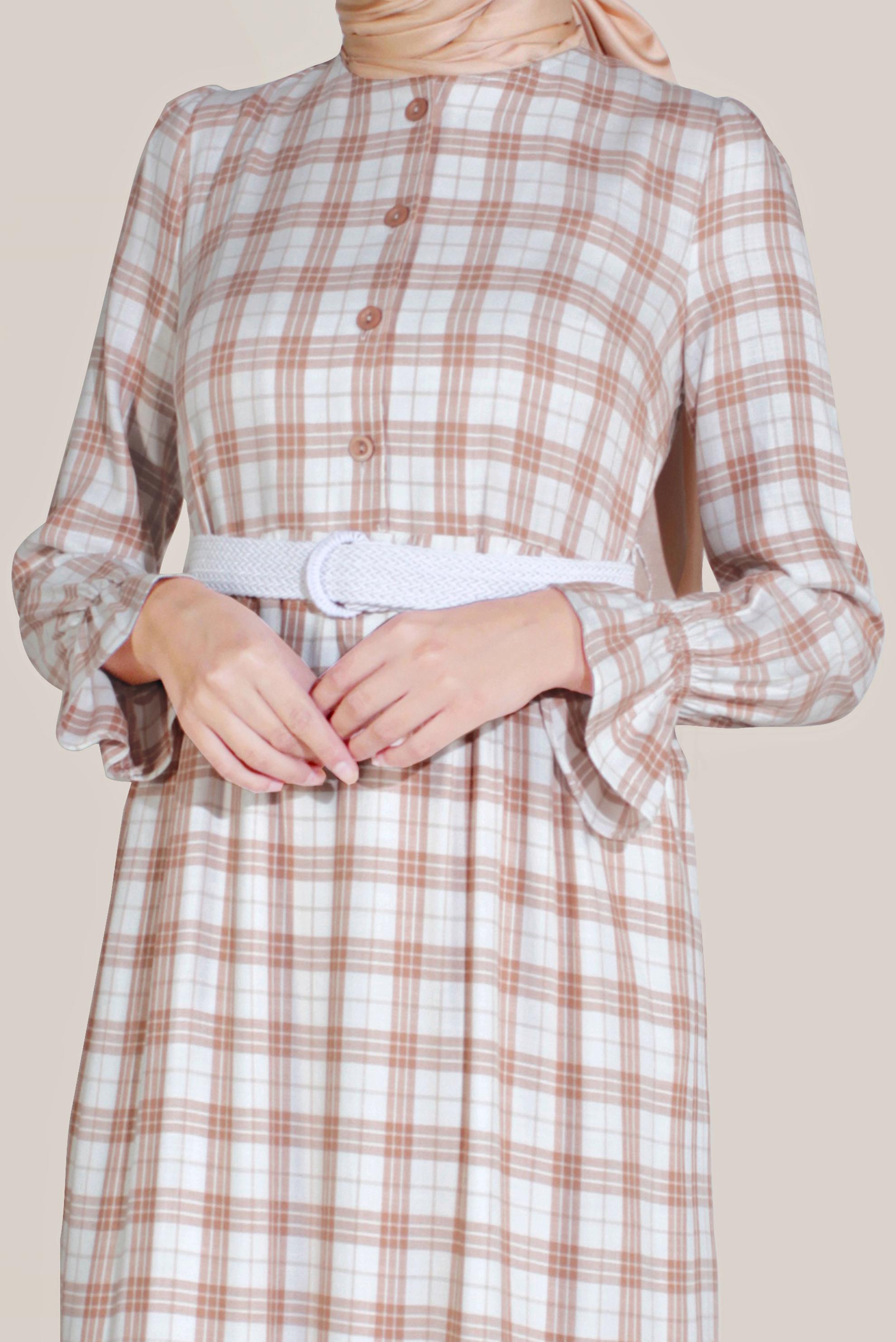 Hijab clothing ORANGE BELTED FLOUNCED-HEM PLAID PATTERN DRESS 40768 