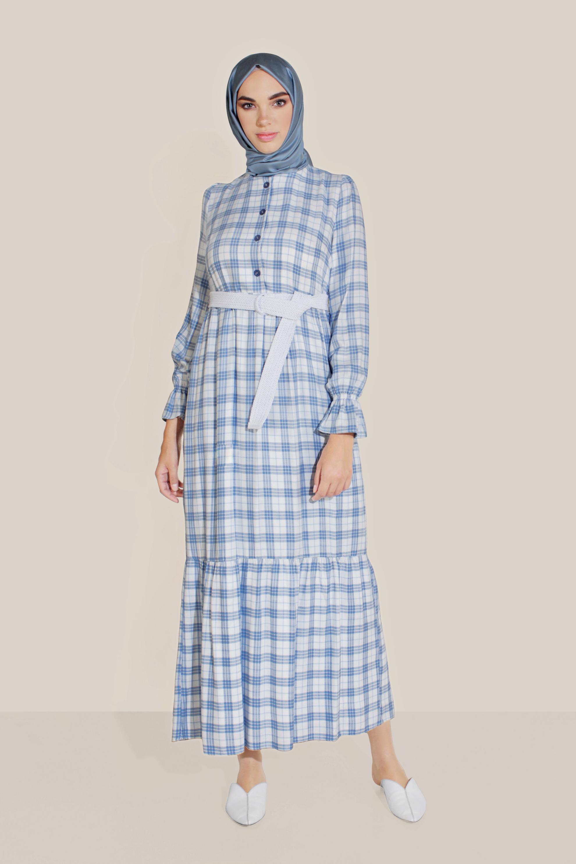 Tesettür giyim LACİVERT KEMERLİ VOLANLI EKOSE ELBİSE 40768