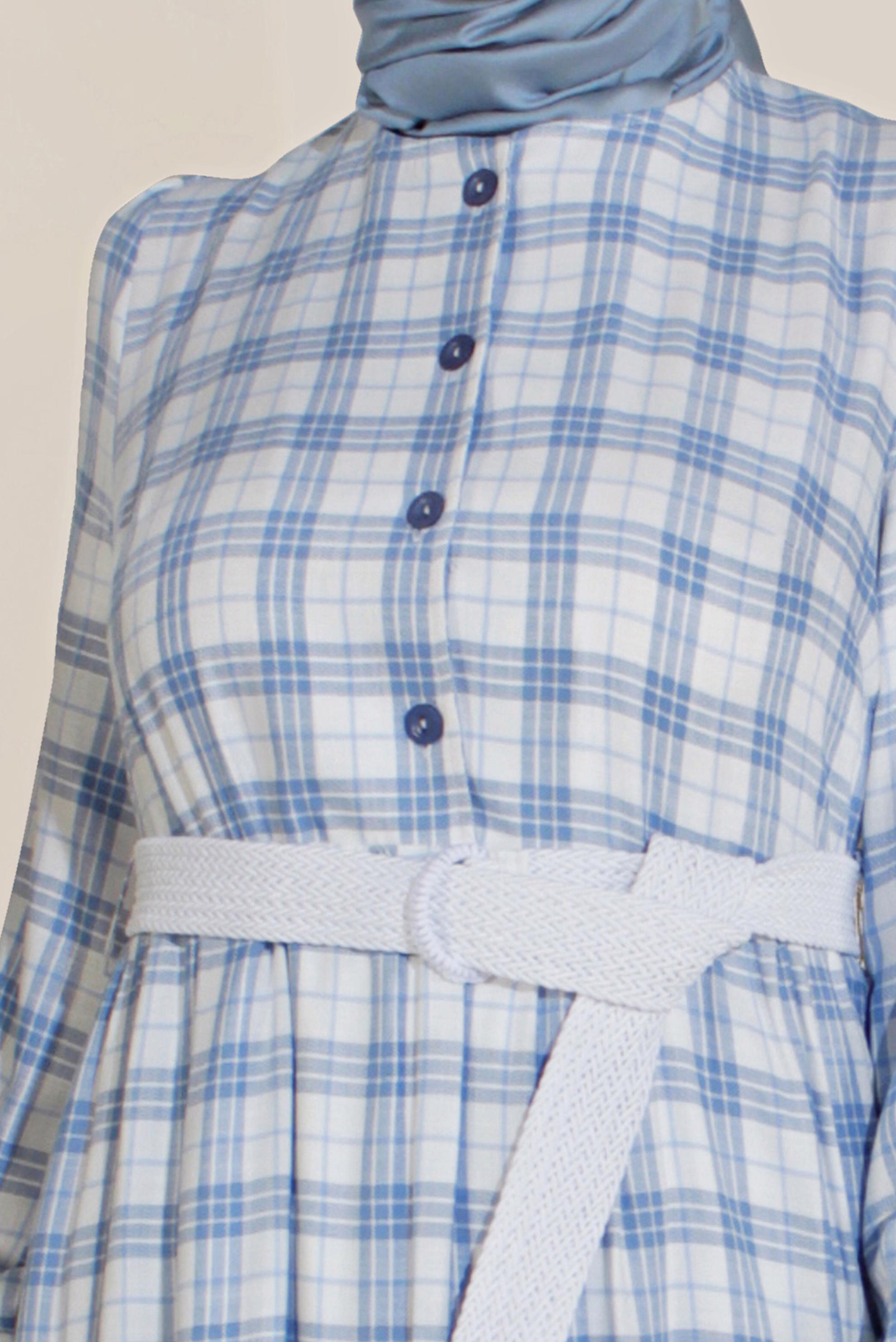 Tesettür giyim LACİVERT KEMERLİ VOLANLI EKOSE ELBİSE 40768