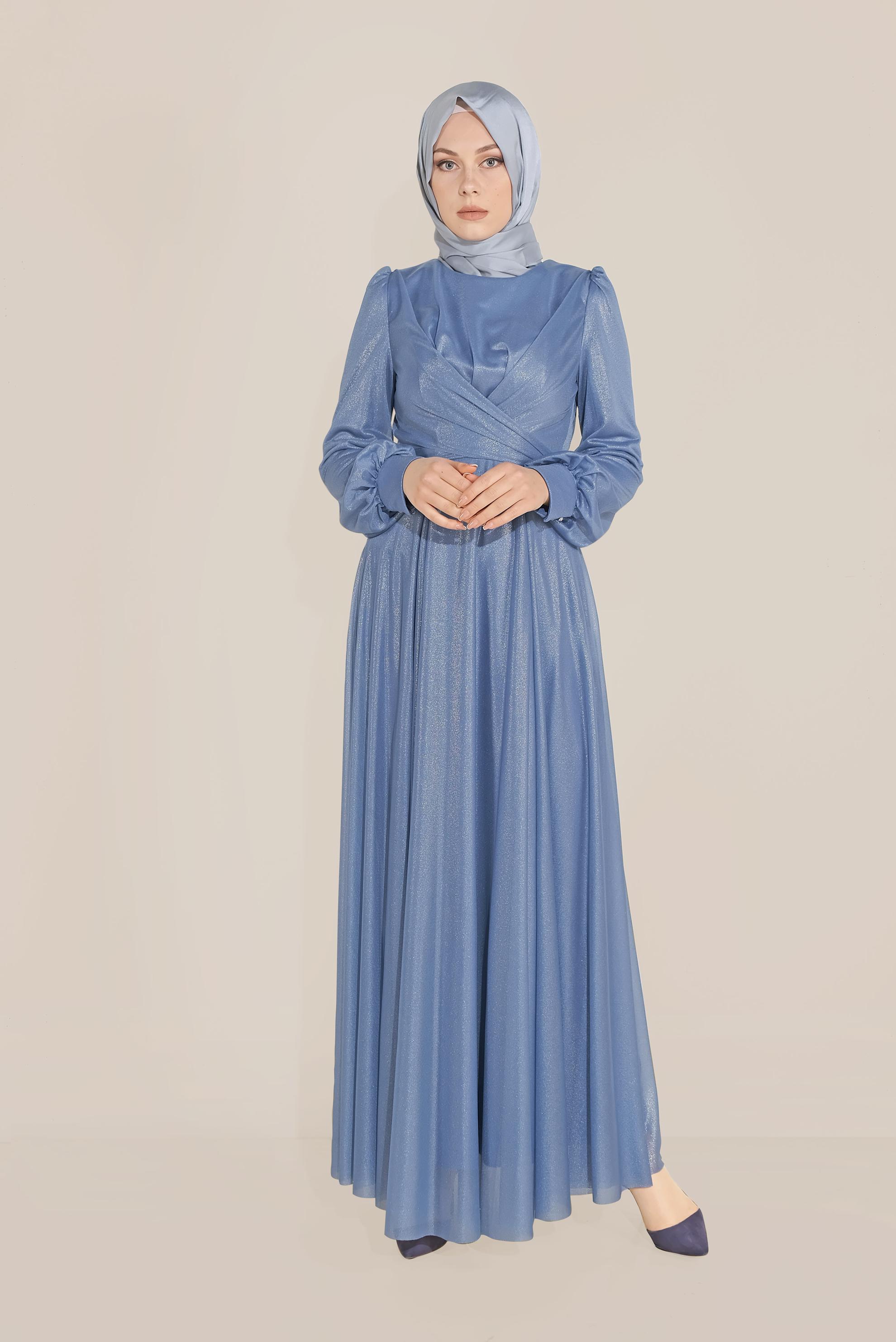 Tesettür giyim MAVİ BİSİKLET YAKA ELBİSE 40770