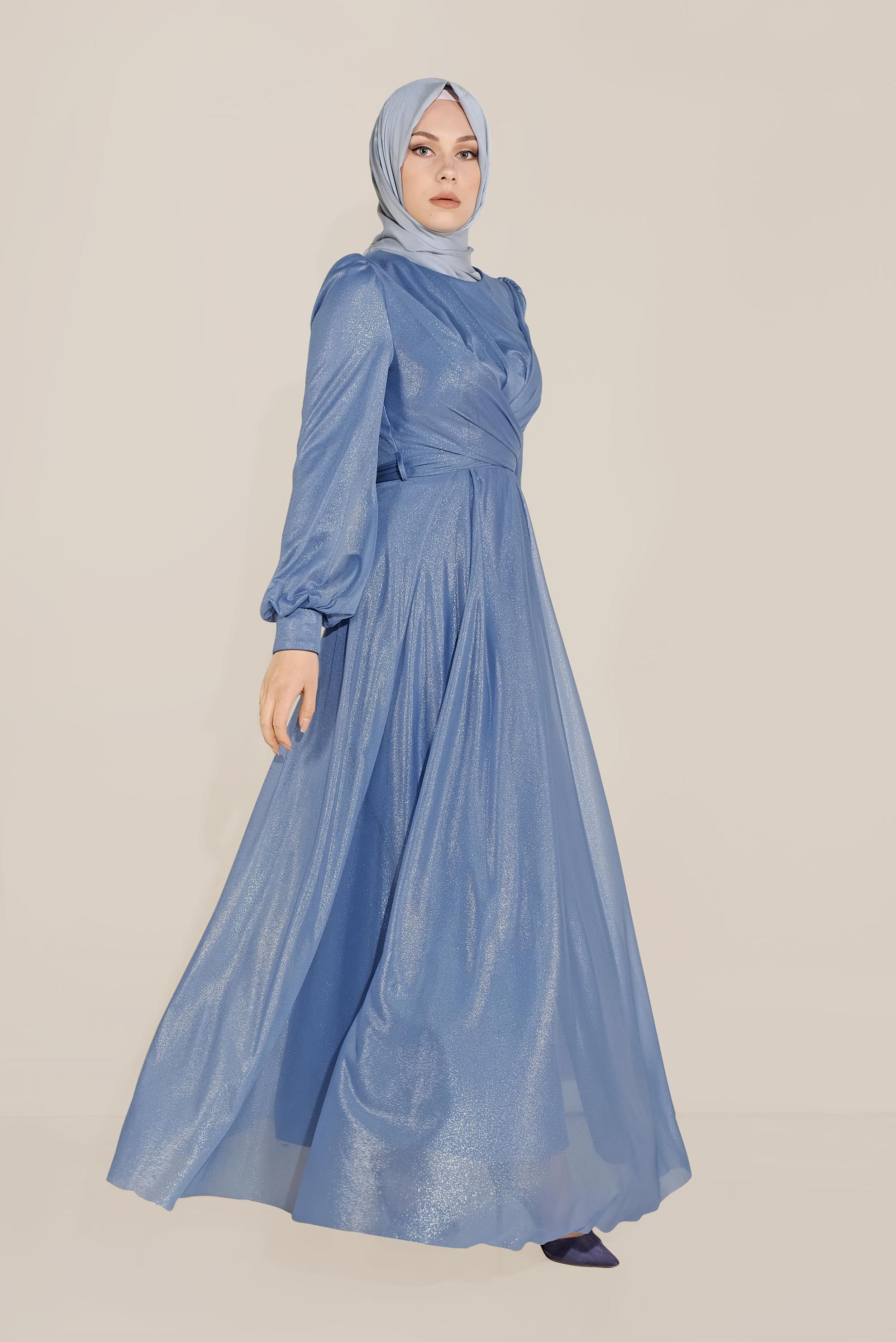 Tesettür giyim MAVİ BİSİKLET YAKA ELBİSE 40770