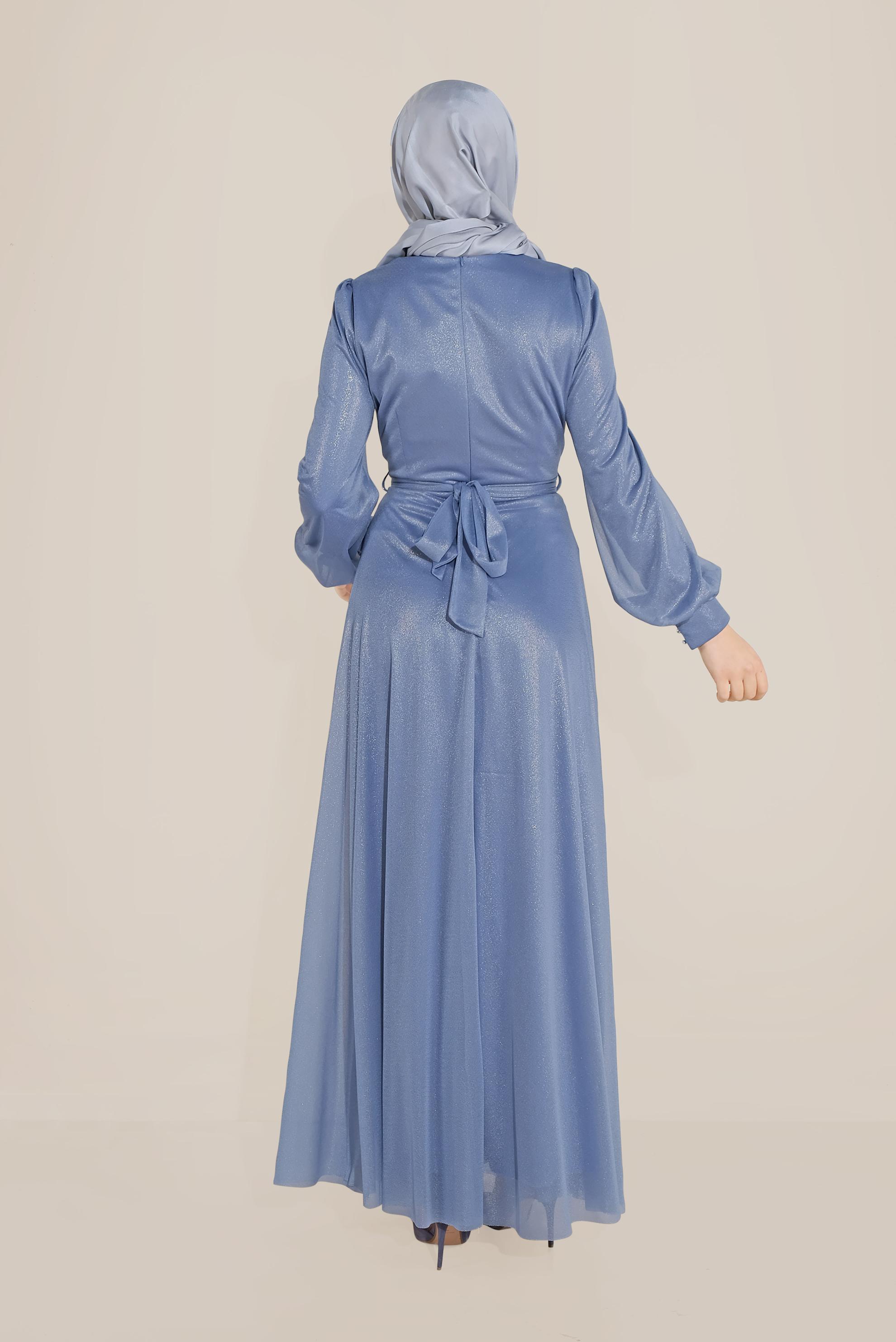 Tesettür giyim MAVİ BİSİKLET YAKA ELBİSE 40770