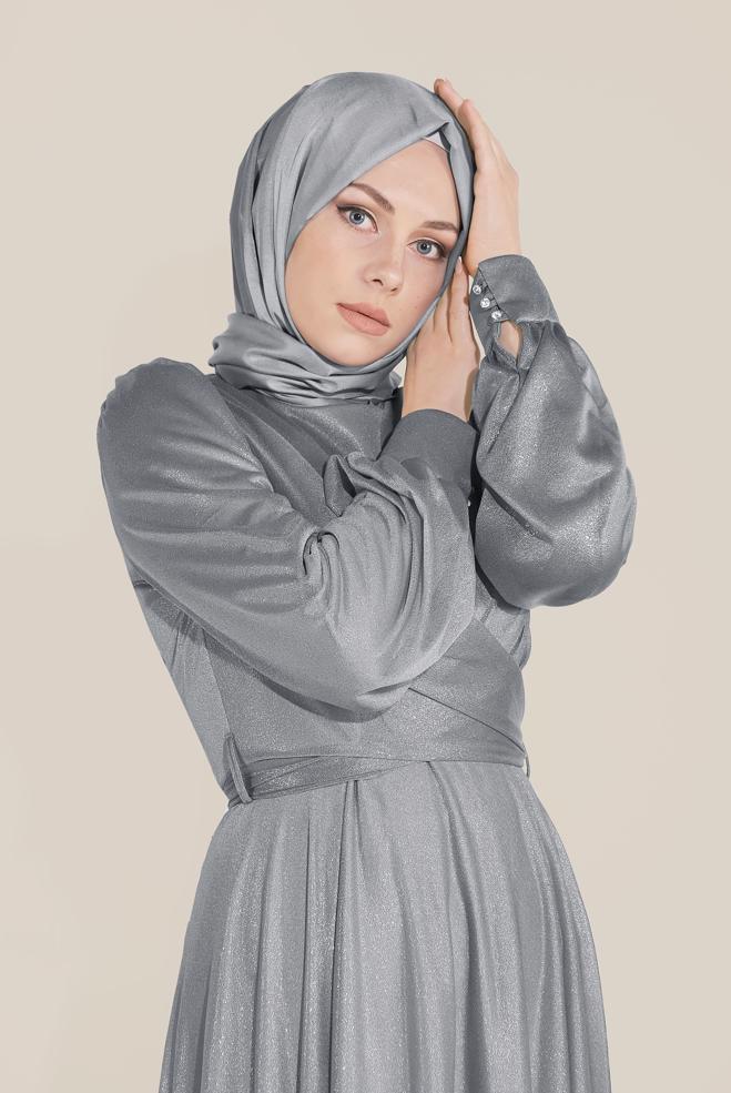Tesettür giyim GRİ BİSİKLET YAKA ELBİSE 40770 - ALVİNA