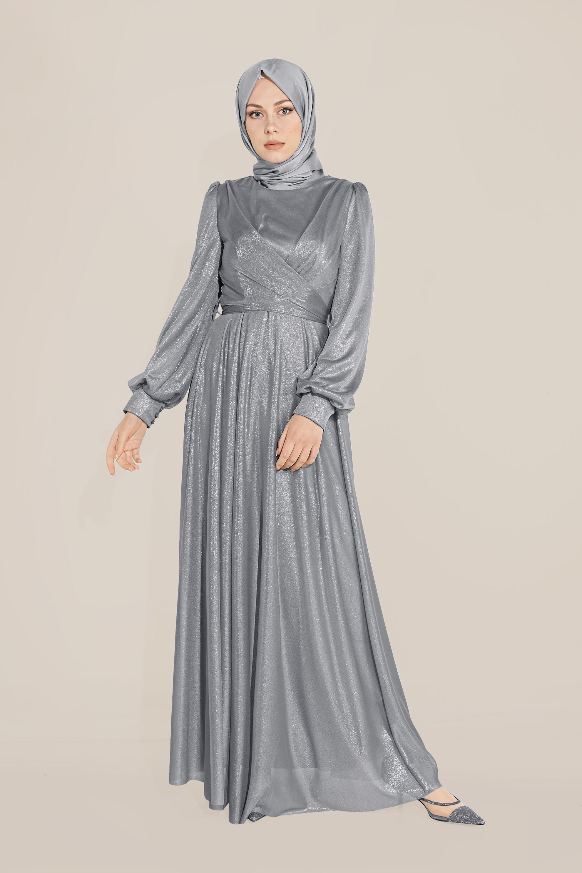 Tesettür giyim GRİ BİSİKLET YAKA ELBİSE 40770