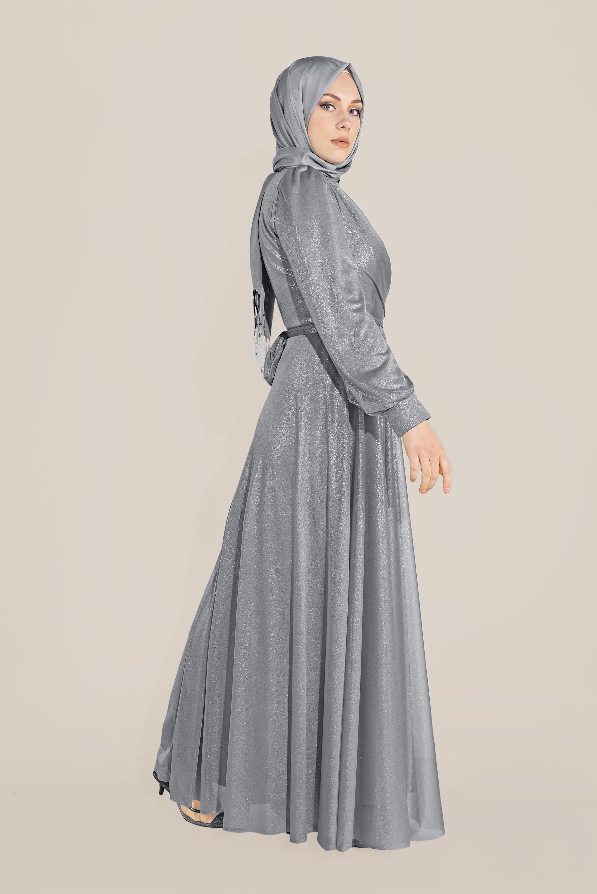 Tesettür giyim GRİ BİSİKLET YAKA ELBİSE 40770