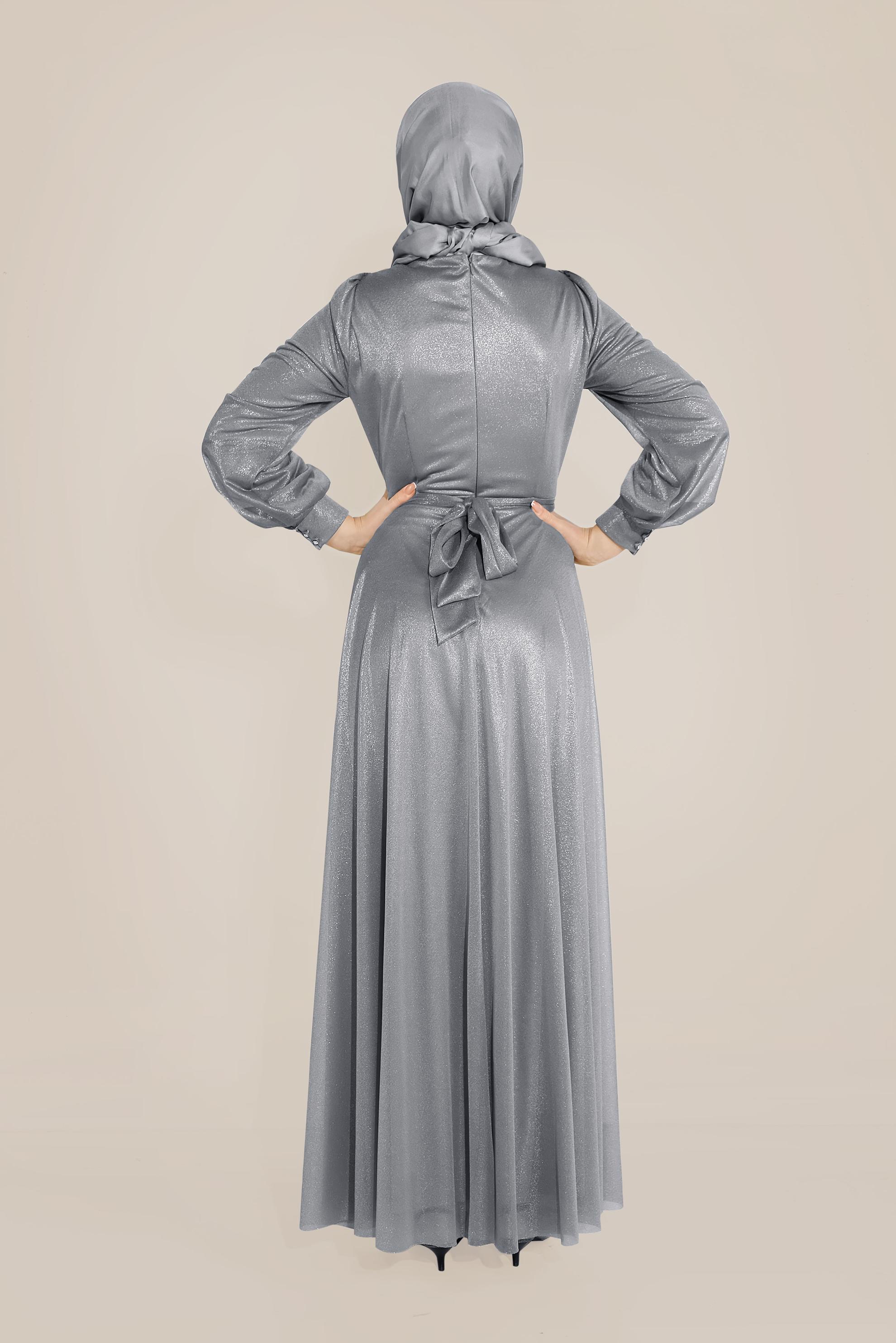 Tesettür giyim GRİ BİSİKLET YAKA ELBİSE 40770