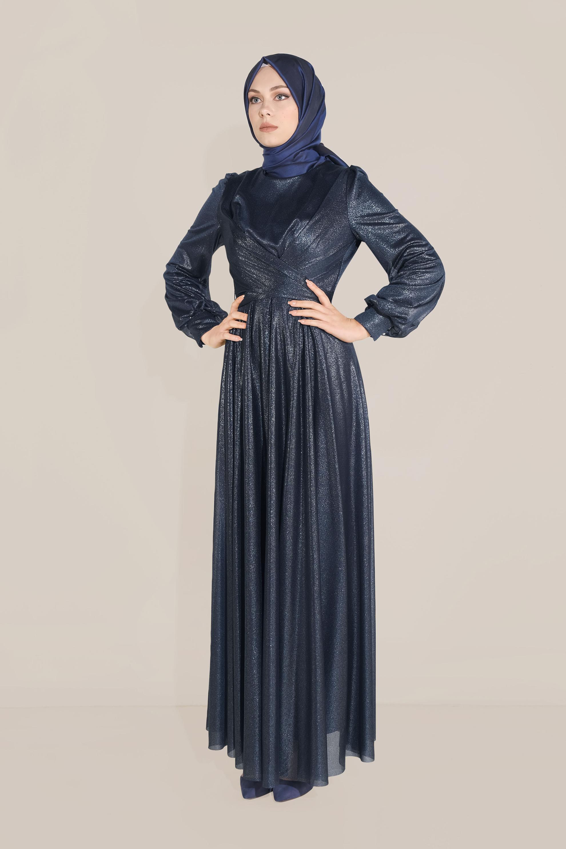 Tesettür giyim LACİVERT BİSİKLET YAKA ELBİSE 40770