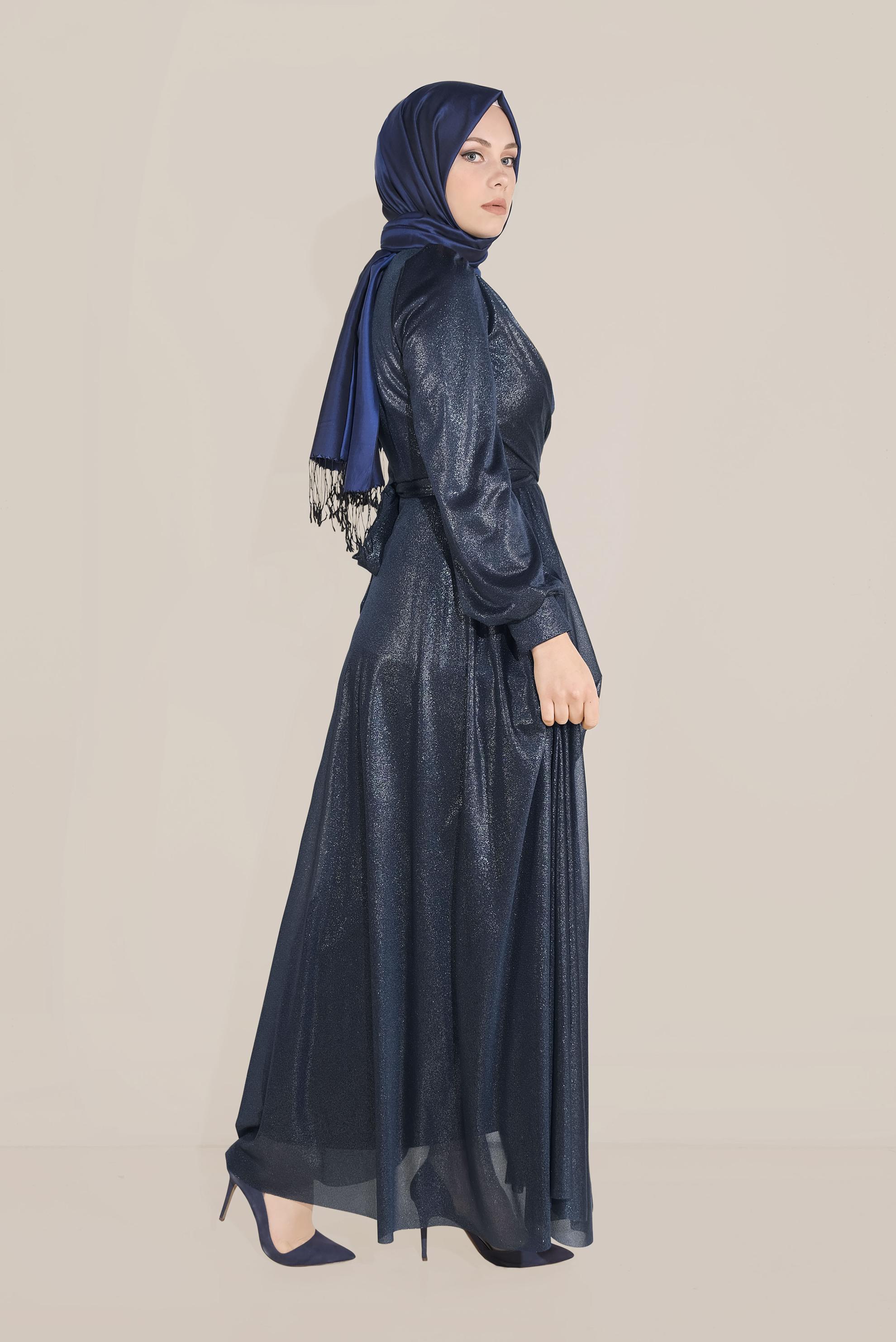 Tesettür giyim LACİVERT BİSİKLET YAKA ELBİSE 40770