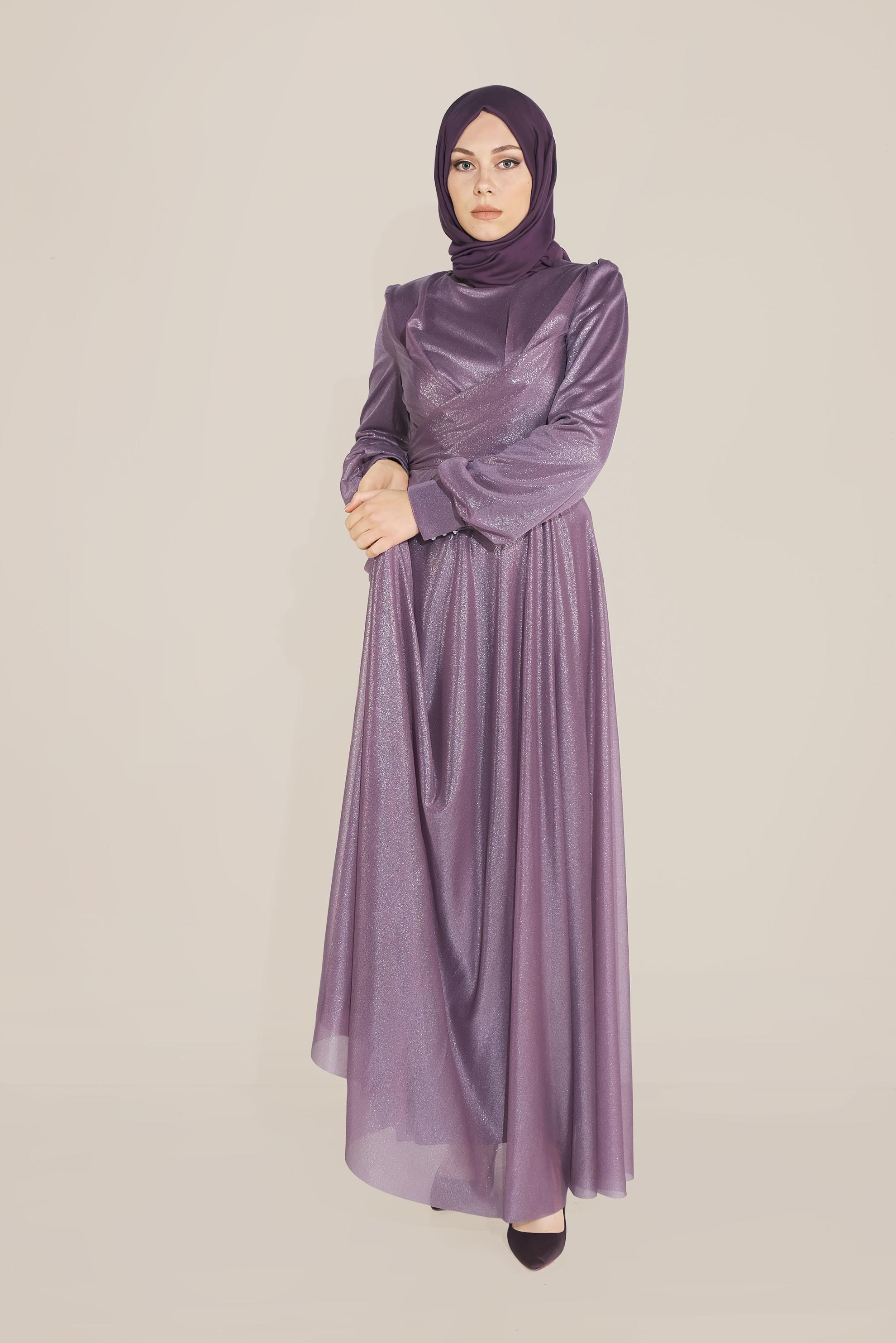 Tesettür giyim MOR BİSİKLET YAKA ELBİSE 40770