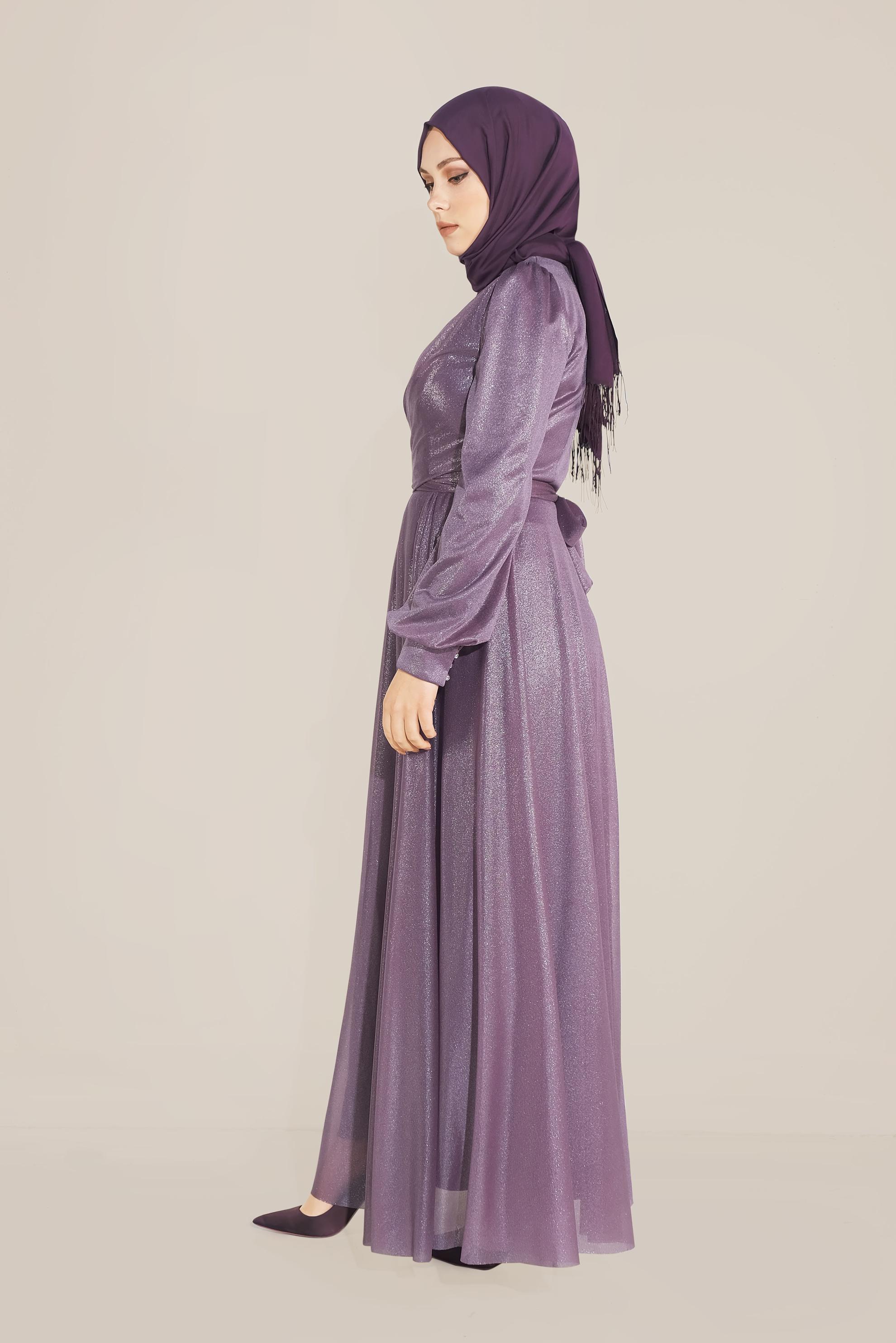 Tesettür giyim MOR BİSİKLET YAKA ELBİSE 40770