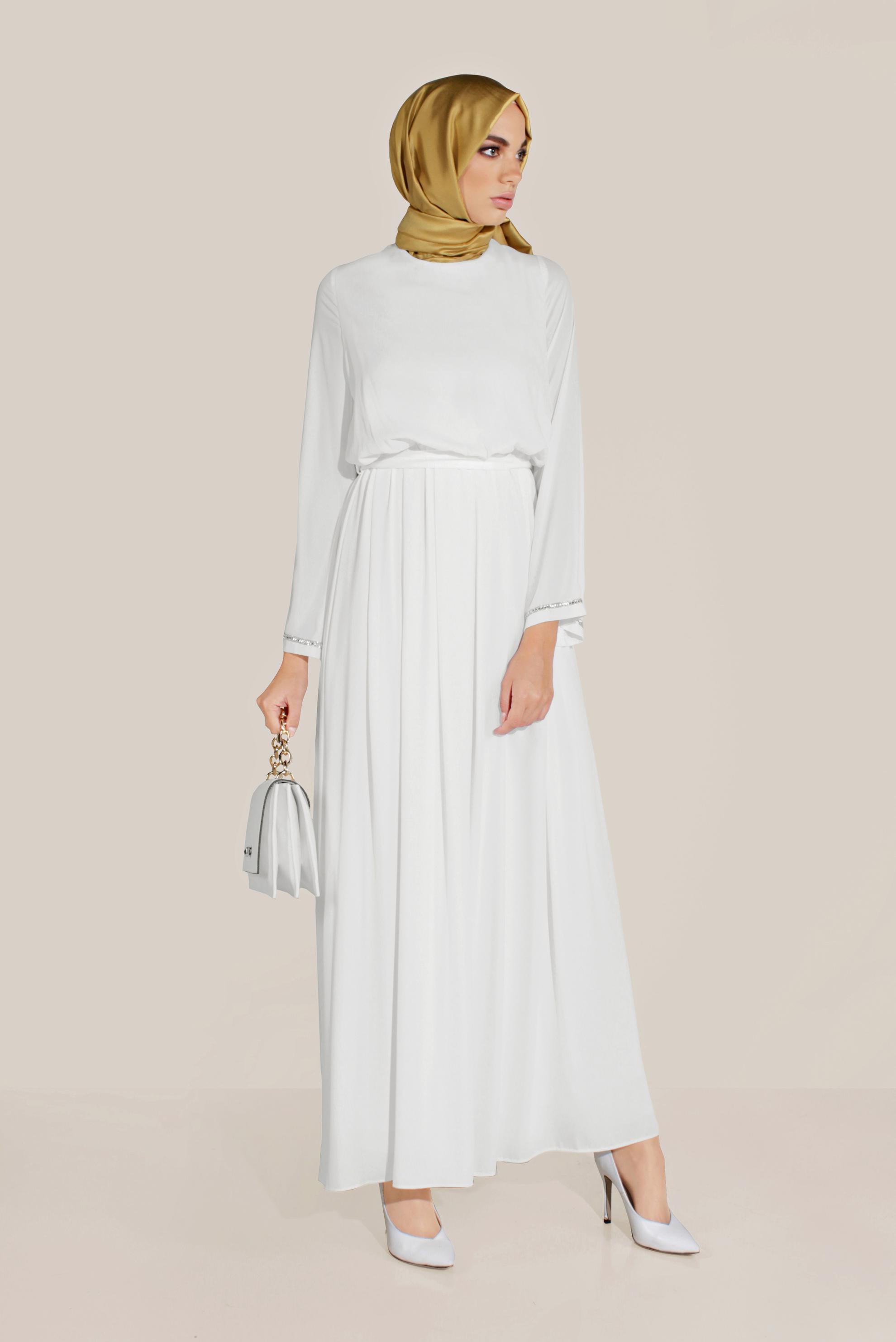 Tesettür giyim BEYAZ BELİ LASTİKLİ TAŞLI SALAŞ ELBİSE 40772 