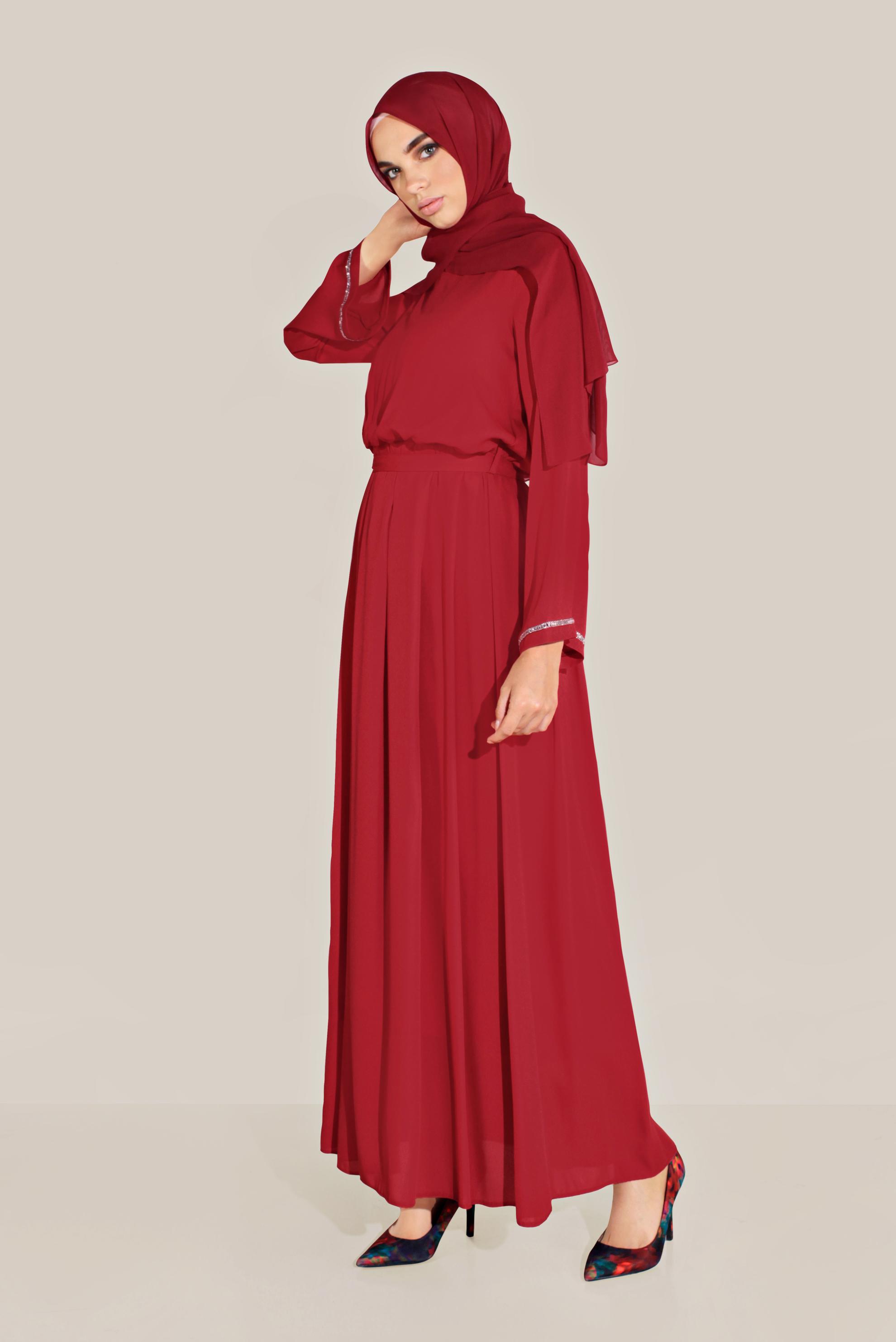 Tesettür giyim KIRMIZI BELİ LASTİKLİ TAŞLI SALAŞ ELBİSE 40772 