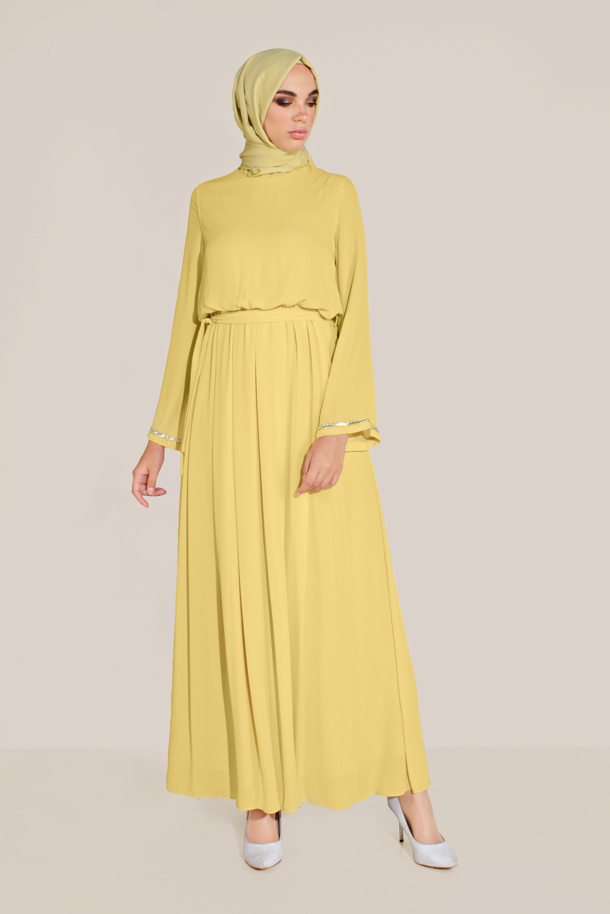 Tesettür giyim SARI BELİ LASTİKLİ TAŞLI SALAŞ ELBİSE 40772 