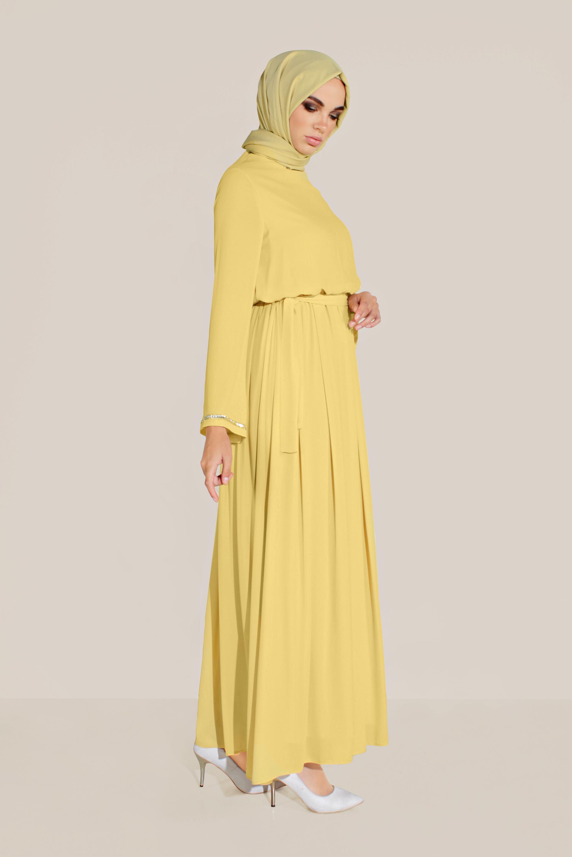 Tesettür giyim SARI BELİ LASTİKLİ TAŞLI SALAŞ ELBİSE 40772 