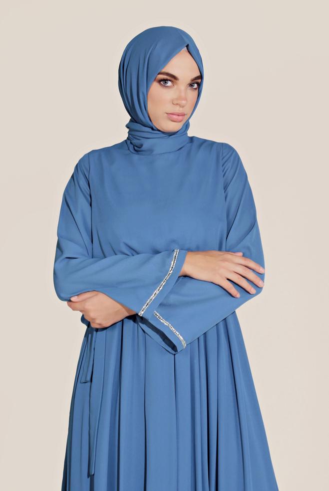 Tesettür giyim BEJ BELİ LASTİKLİ TAŞLI SALAŞ ELBİSE 40772  - ALVİNA