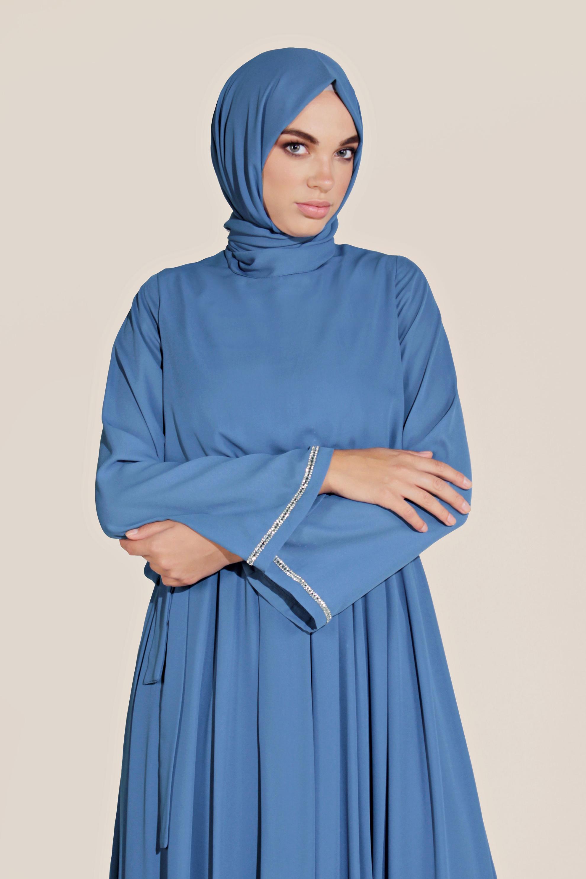 Tesettür giyim MAVİ BELİ LASTİKLİ TAŞLI SALAŞ ELBİSE 40772 