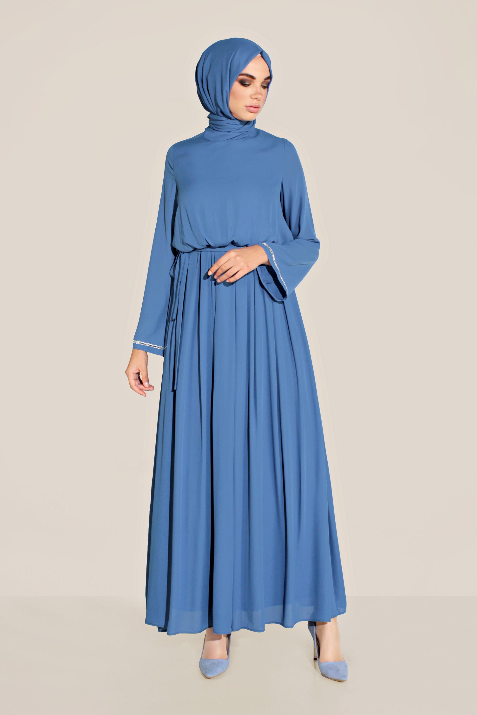 Tesettür giyim MAVİ BELİ LASTİKLİ TAŞLI SALAŞ ELBİSE 40772 