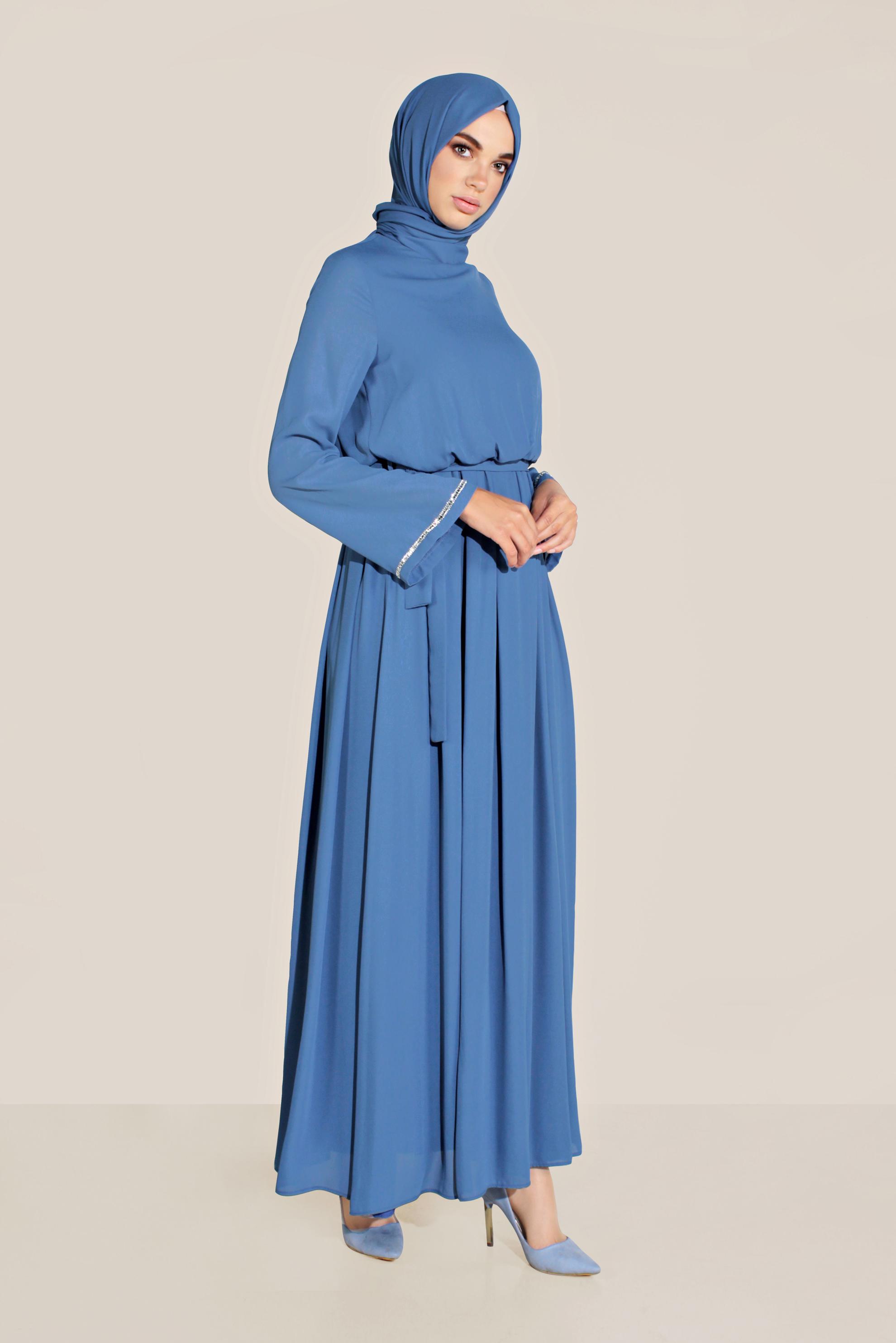 Tesettür giyim MAVİ BELİ LASTİKLİ TAŞLI SALAŞ ELBİSE 40772 