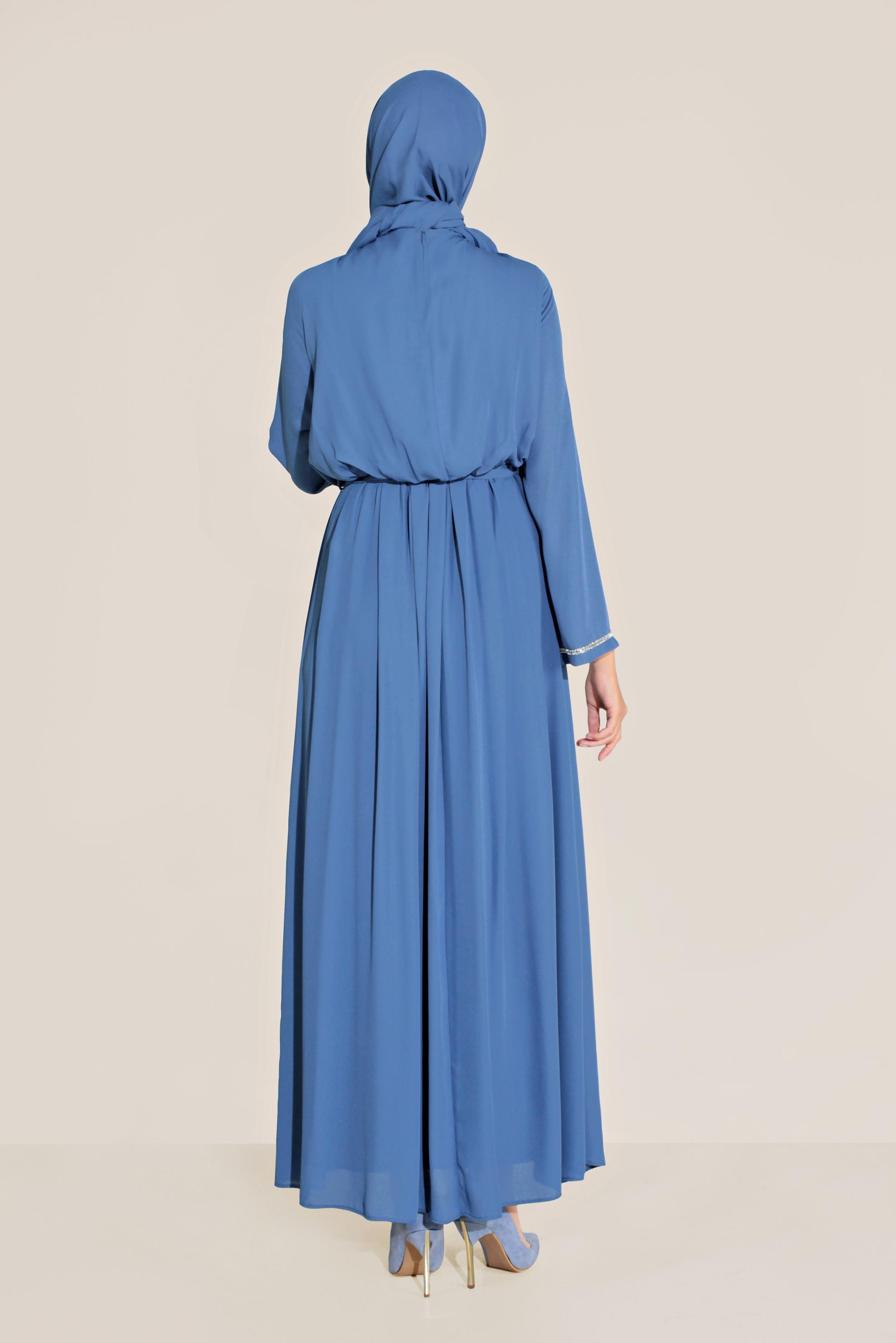 Tesettür giyim MAVİ BELİ LASTİKLİ TAŞLI SALAŞ ELBİSE 40772 