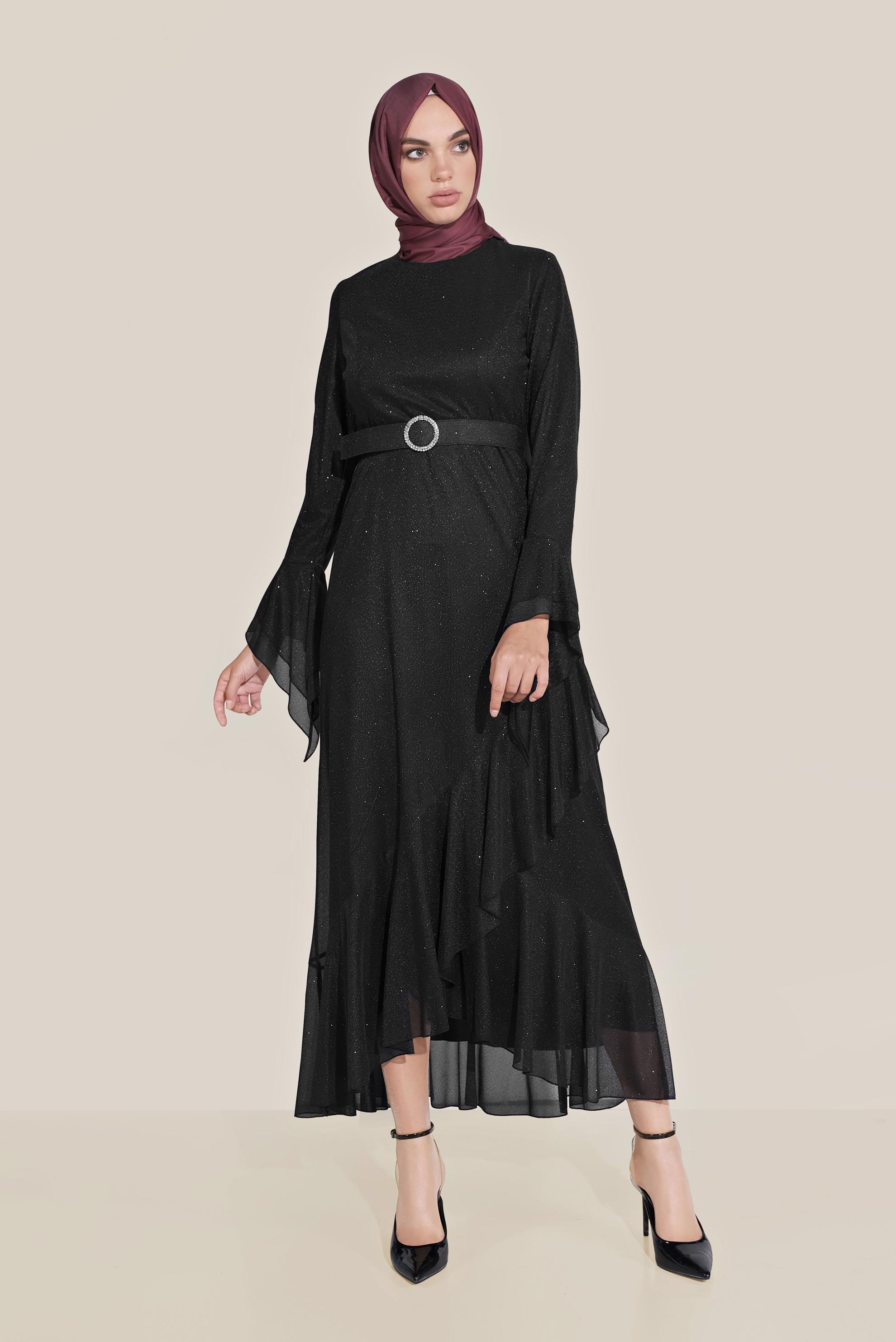 Tesettür giyim SİYAH TROMPET KOL KEMERLİ DÖKÜMLÜ ELBİSE 40773