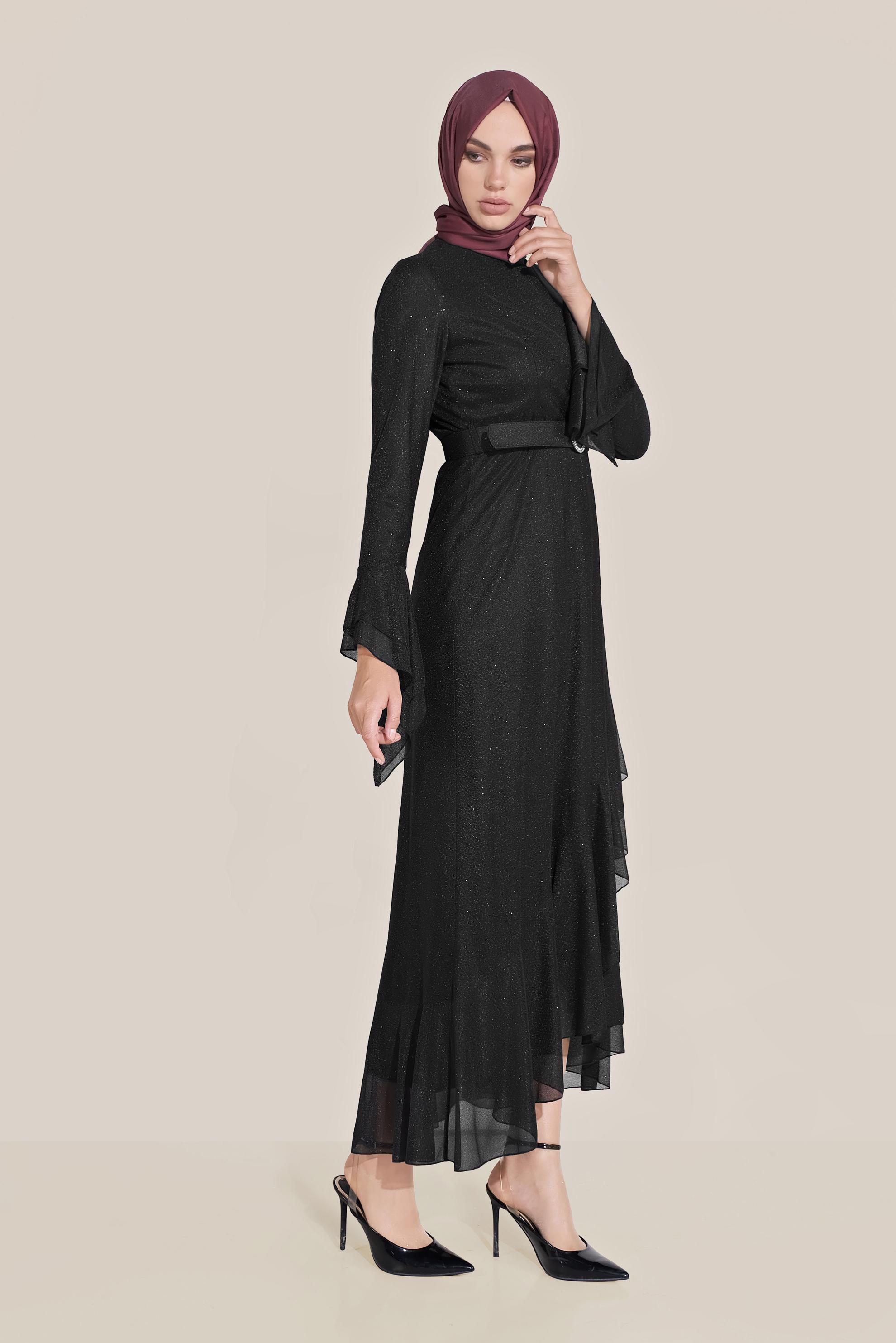 Tesettür giyim SİYAH TROMPET KOL KEMERLİ DÖKÜMLÜ ELBİSE 40773