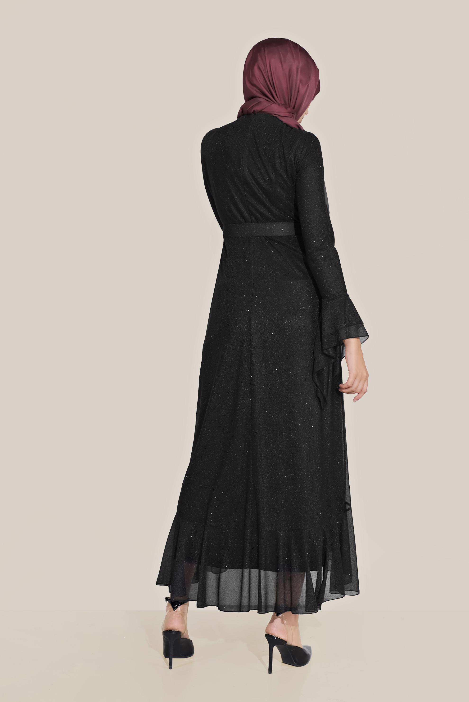 Tesettür giyim SİYAH TROMPET KOL KEMERLİ DÖKÜMLÜ ELBİSE 40773