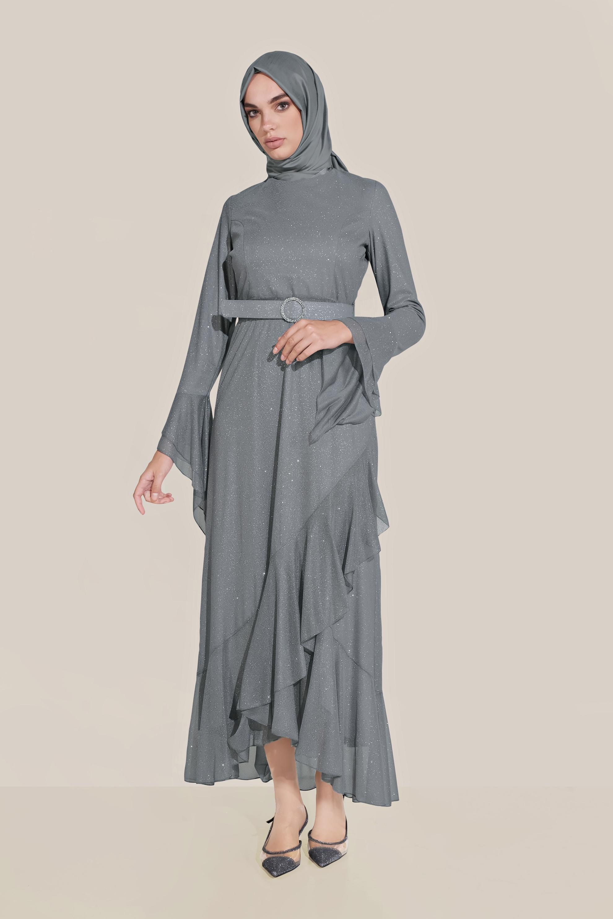 Tesettür giyim GRİ TROMPET KOL KEMERLİ DÖKÜMLÜ ELBİSE 40773