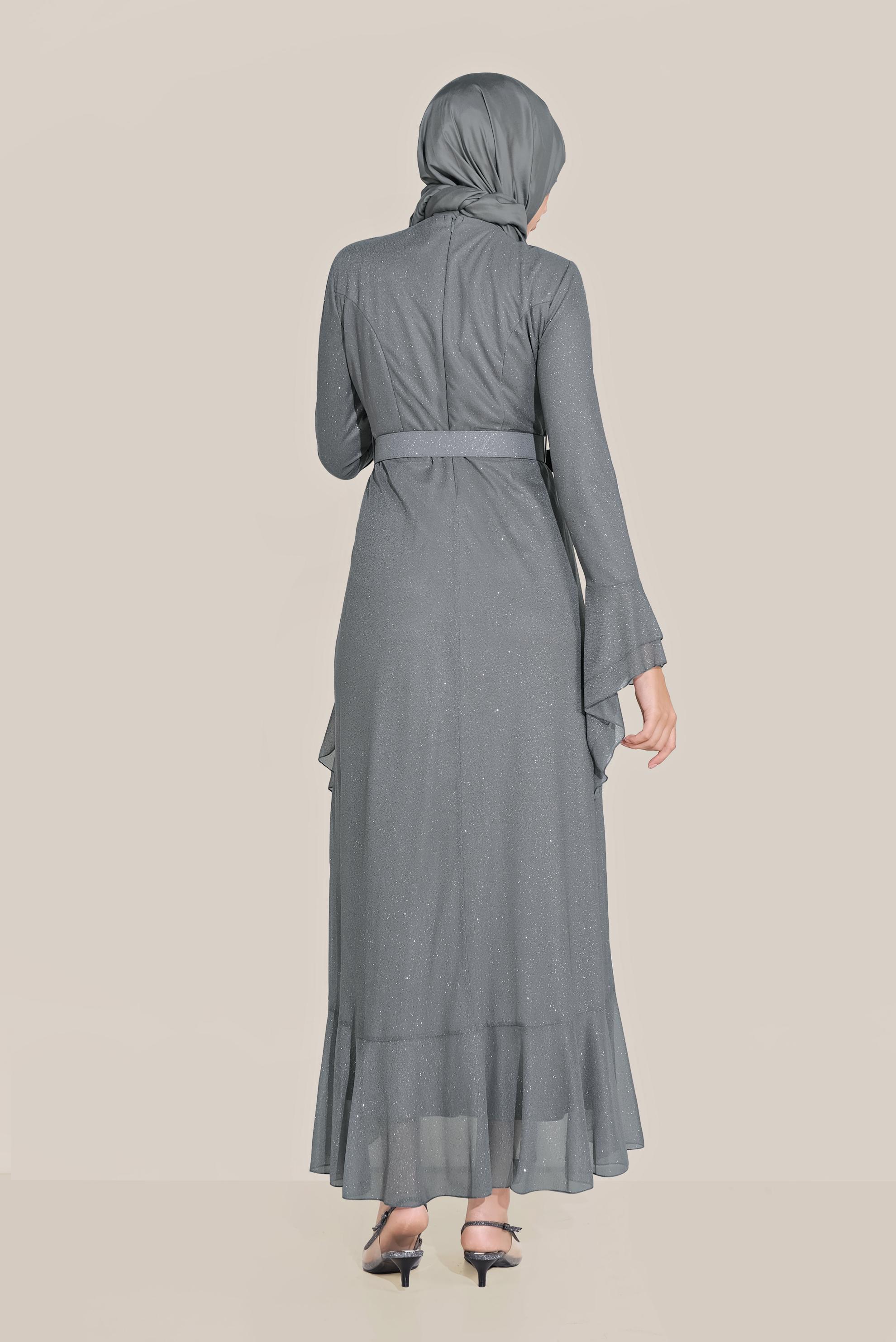 Tesettür giyim GRİ TROMPET KOL KEMERLİ DÖKÜMLÜ ELBİSE 40773