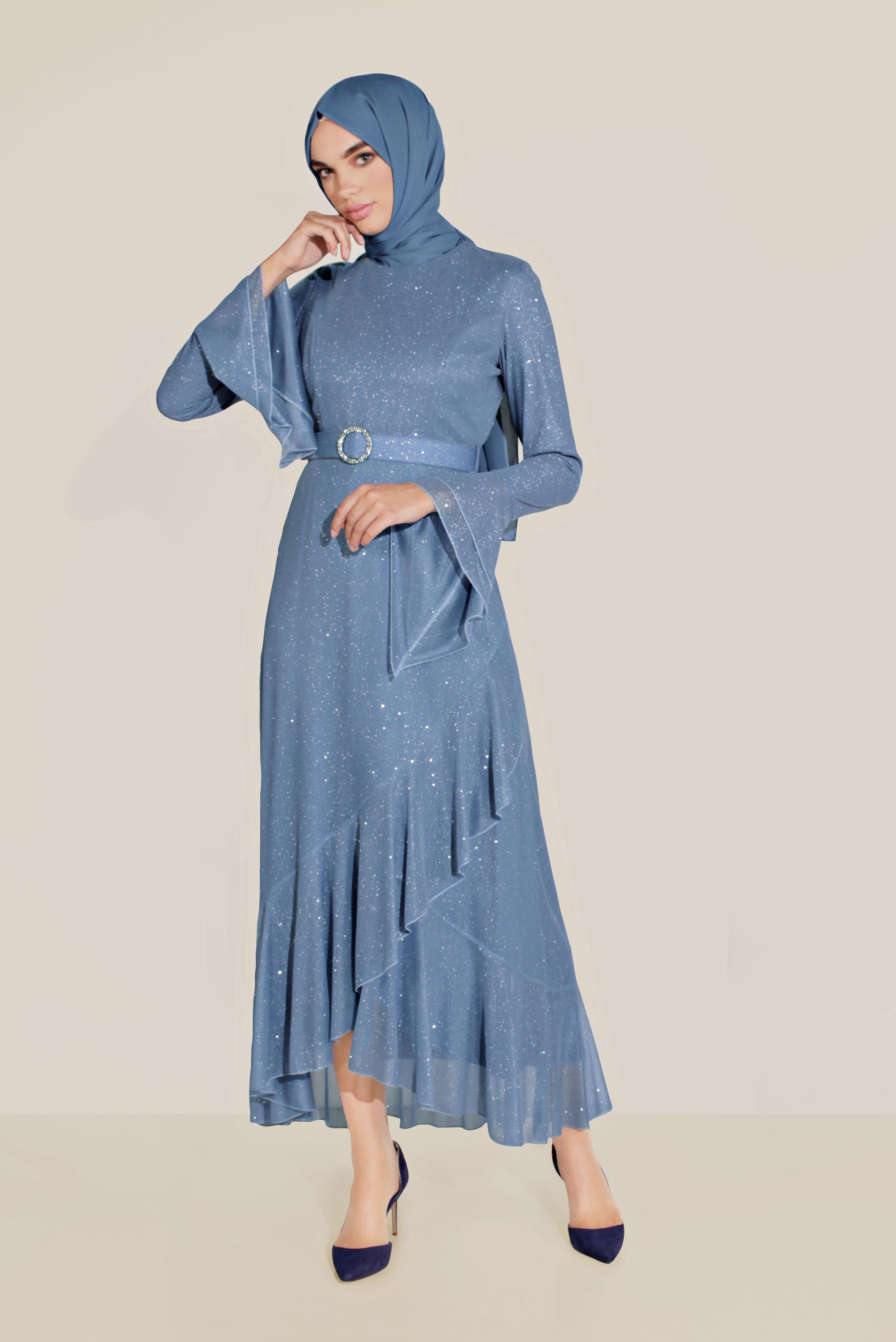 Tesettür giyim LACİVERT TROMPET KOL KEMERLİ DÖKÜMLÜ ELBİSE 40773