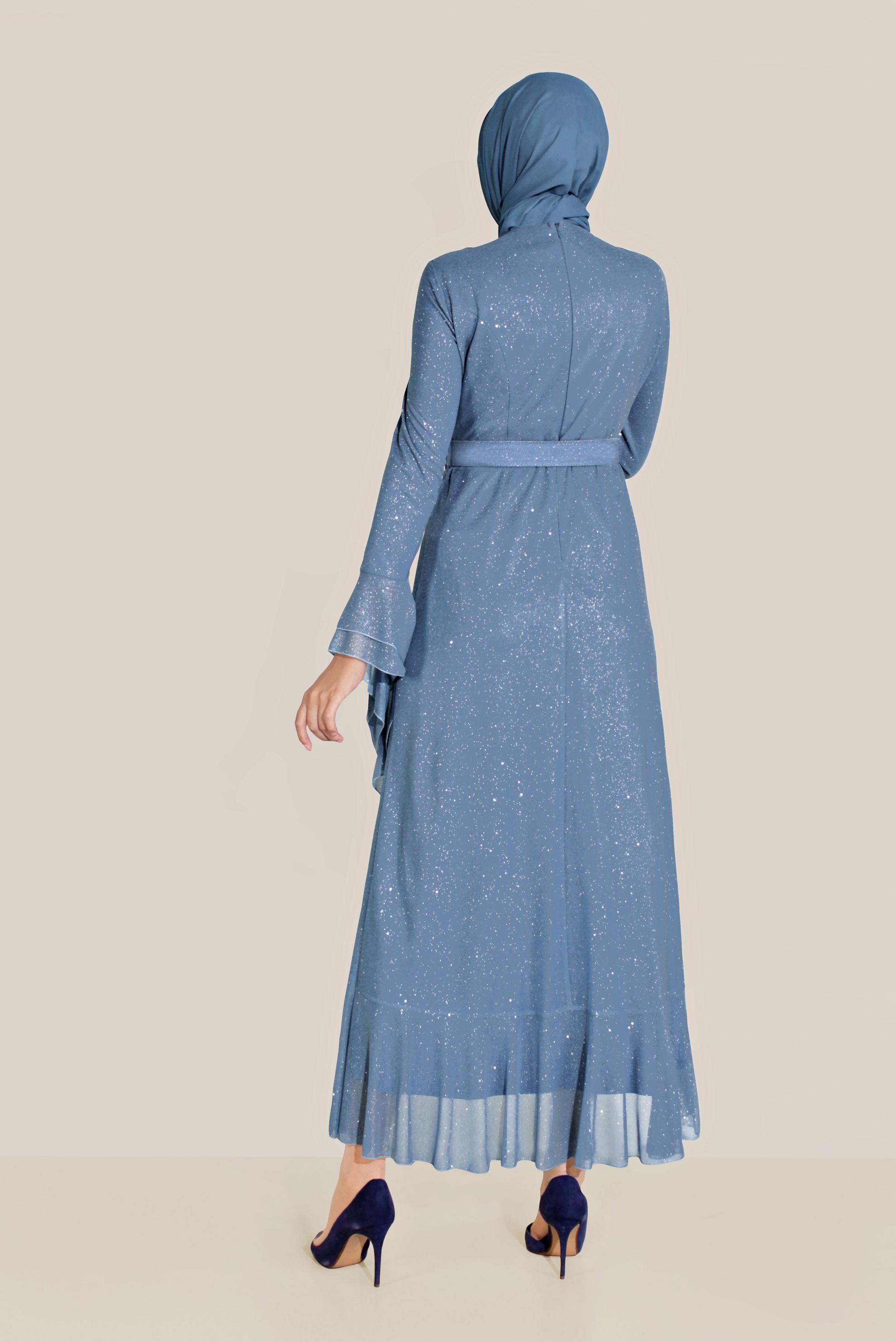 Tesettür giyim LACİVERT TROMPET KOL KEMERLİ DÖKÜMLÜ ELBİSE 40773