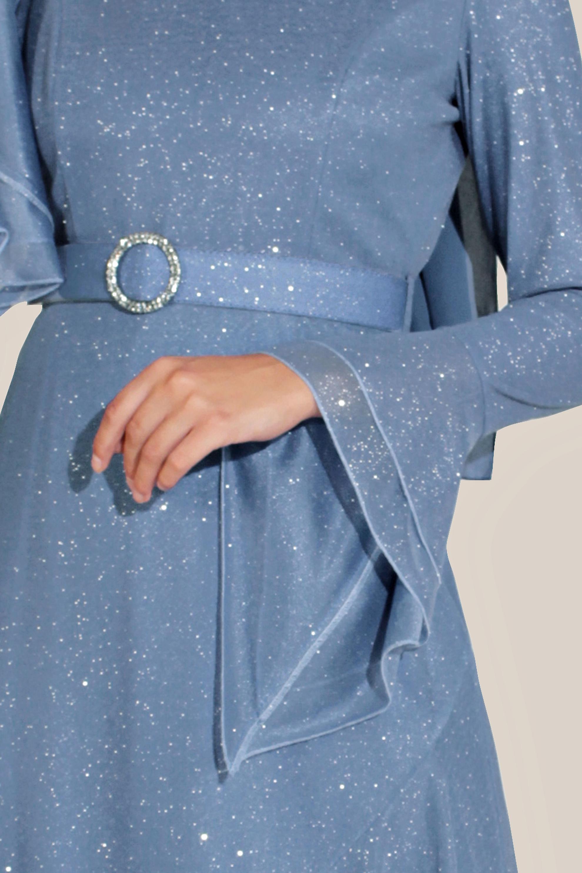 Tesettür giyim LACİVERT TROMPET KOL KEMERLİ DÖKÜMLÜ ELBİSE 40773