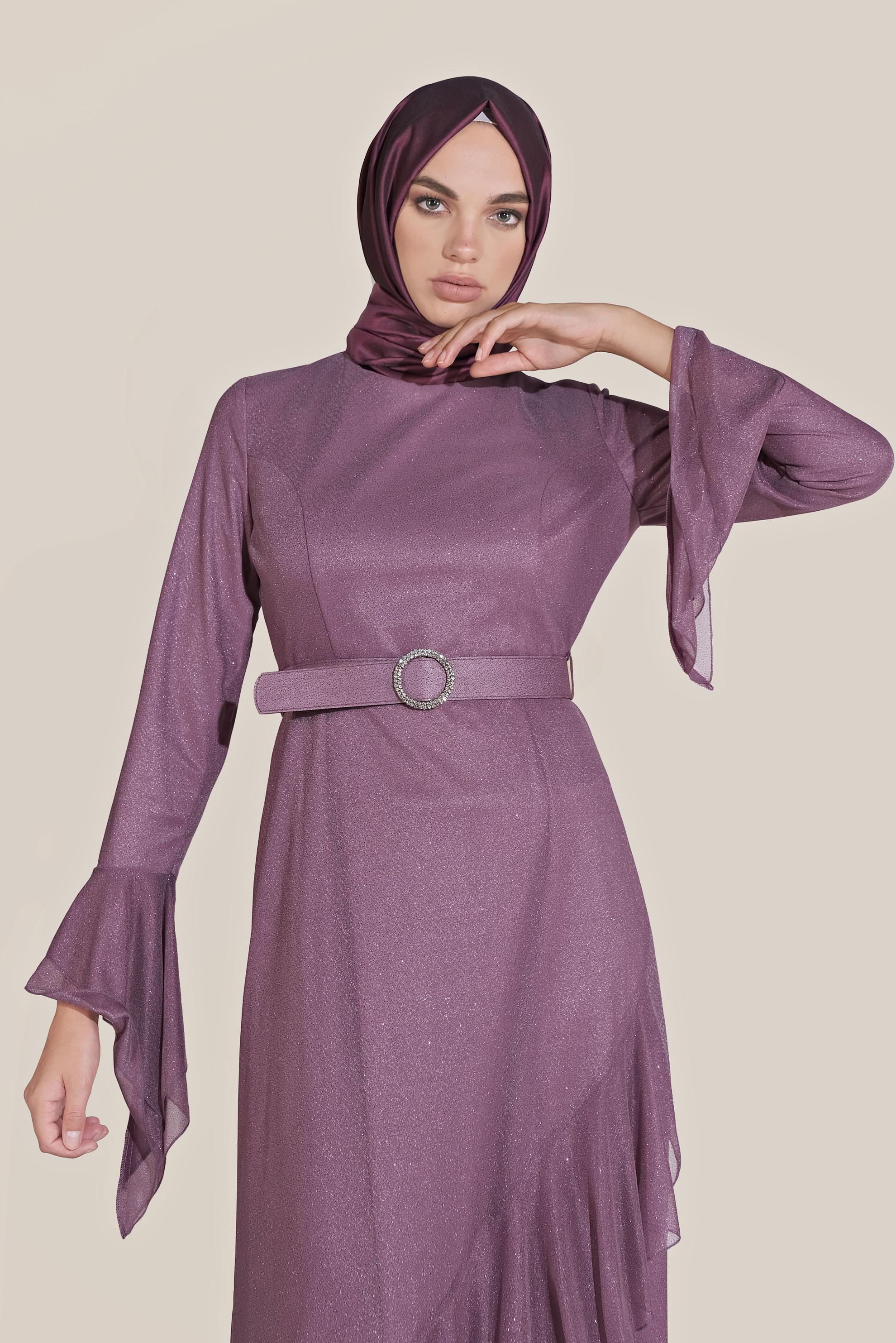 Tesettür giyim MOR TROMPET KOL KEMERLİ DÖKÜMLÜ ELBİSE 40773