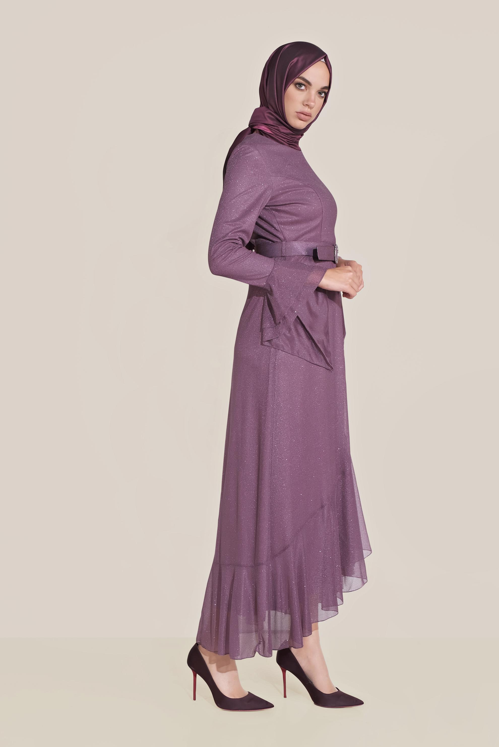 Tesettür giyim MOR TROMPET KOL KEMERLİ DÖKÜMLÜ ELBİSE 40773